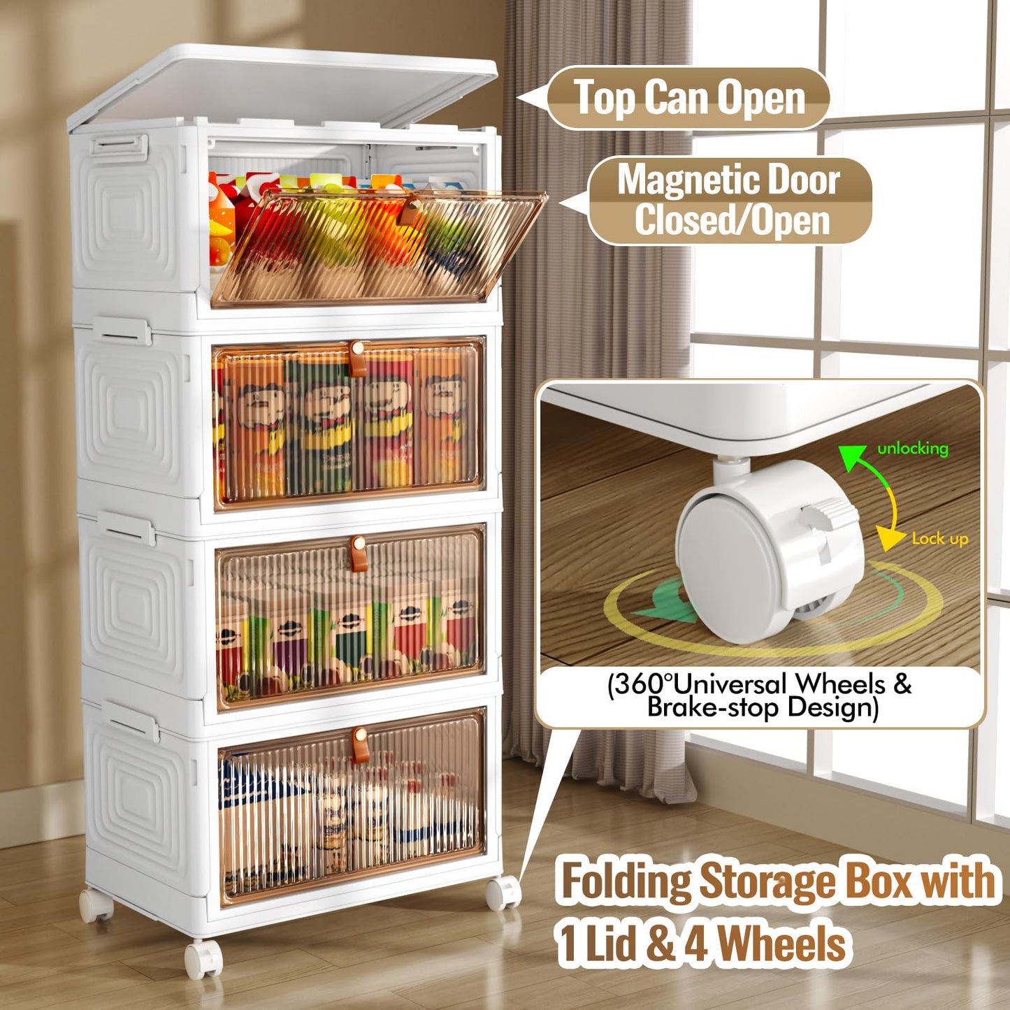 SNSLXH 4 Tier Plastic Storage Bins with Lid 23QT, Stackable Storage Containers with Wheels, Folding Storage Box, Stackable Storage Bins, Closet Organizers and Storage for Living Room,Office,Dorm