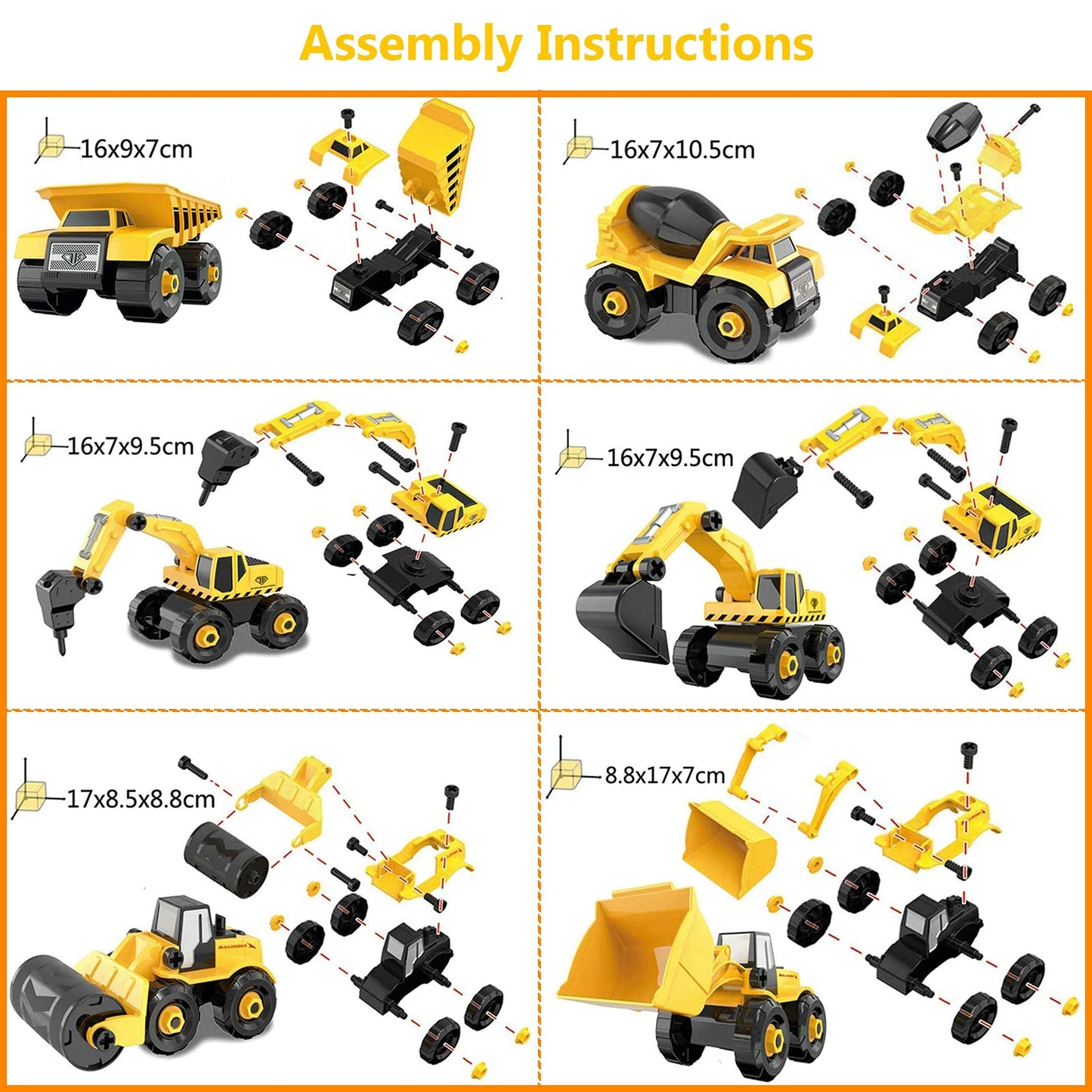 TEUVO Take Apart Truck Car Toys with Electric Drill, Construction Vehicles Building Excavator Toy STEM Trucks Vehicle Set for Kids, DIY Educational Gifts for Kids Ages 3 4 5 Boys Girls