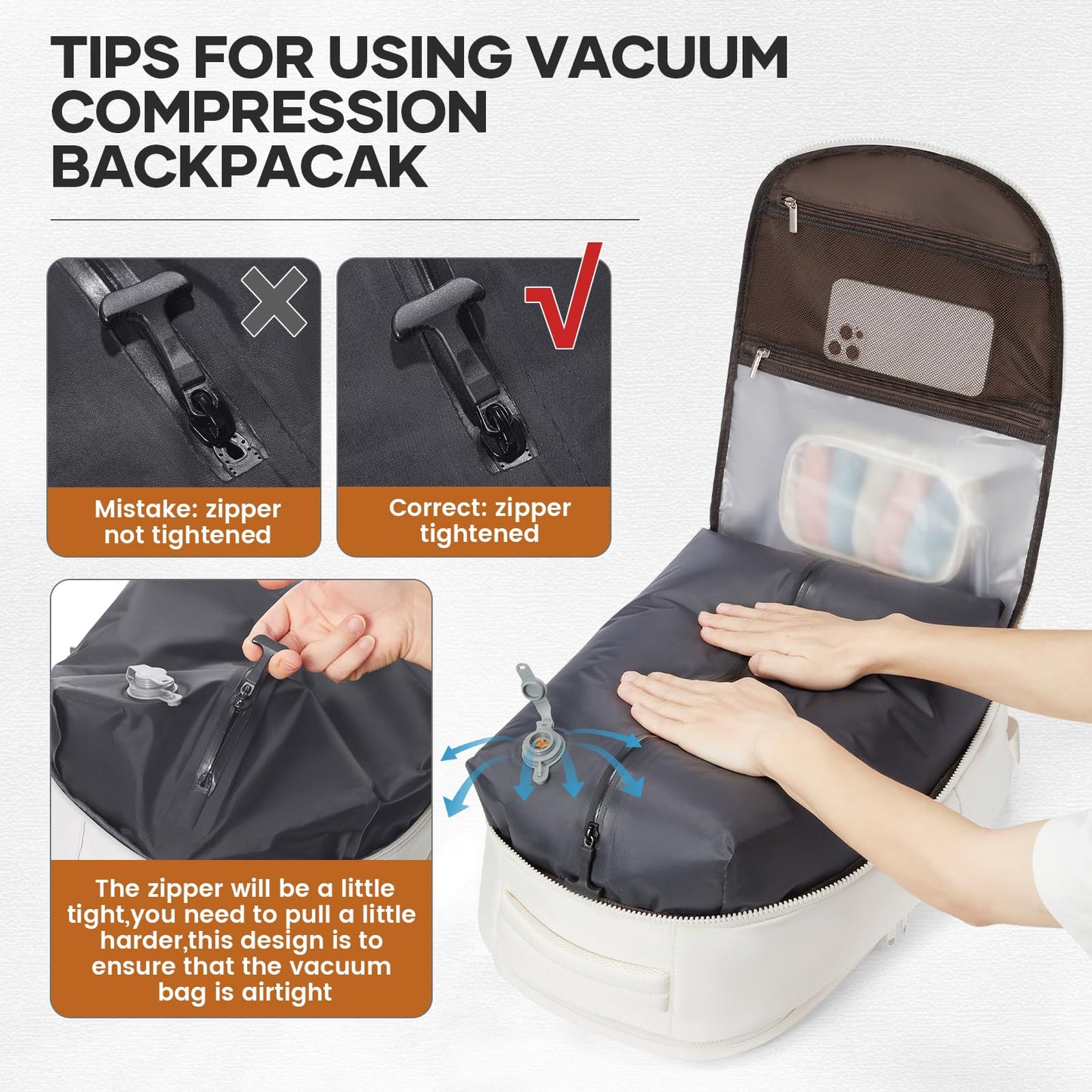 UPPACK Vacuum Backpack Travel with Pump Carry on Backpack Flight Approved Personal Item Travel Bag Airplane Compression Backpack for Travel with Vacuum System Beige