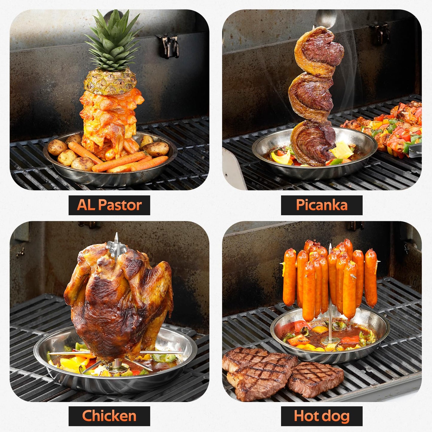 onlyfire Al Pastor Skewer for Grill, Stainless Steel Brazilian Vertical Spit Stand with 2 Removable Meat Forks, Spikes and Sausage Rack for Oven, BBQ, Shawarma Rotisserie for Tacos, Gyros and Kebabs