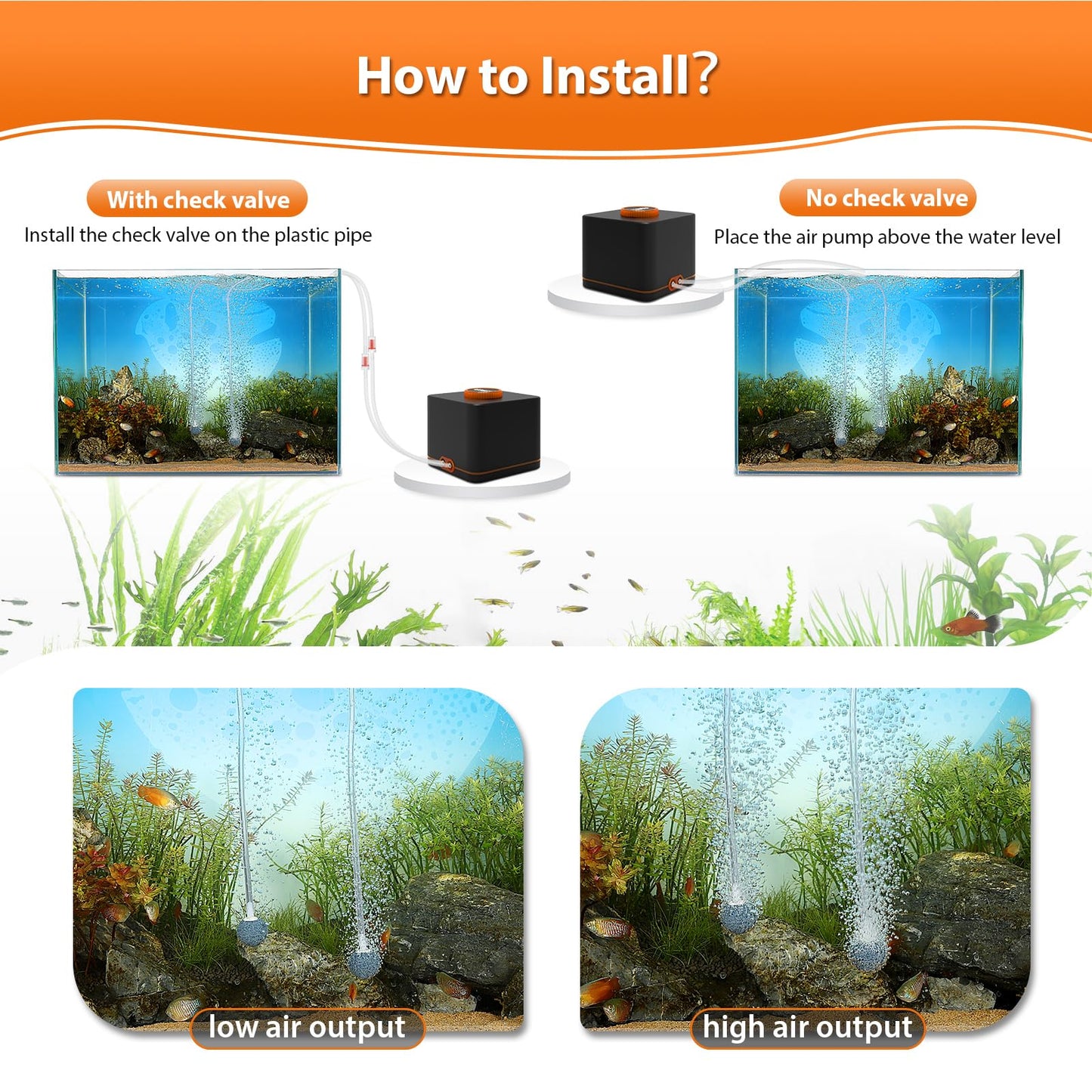hygger Strong Aquarium Air Pump for Medium Large Fish Tank, Hydroponic Systerm, Household Commercial Use, 1 Outlet(OD-8mm), with Air Tubings, Multi-Head Control Valves