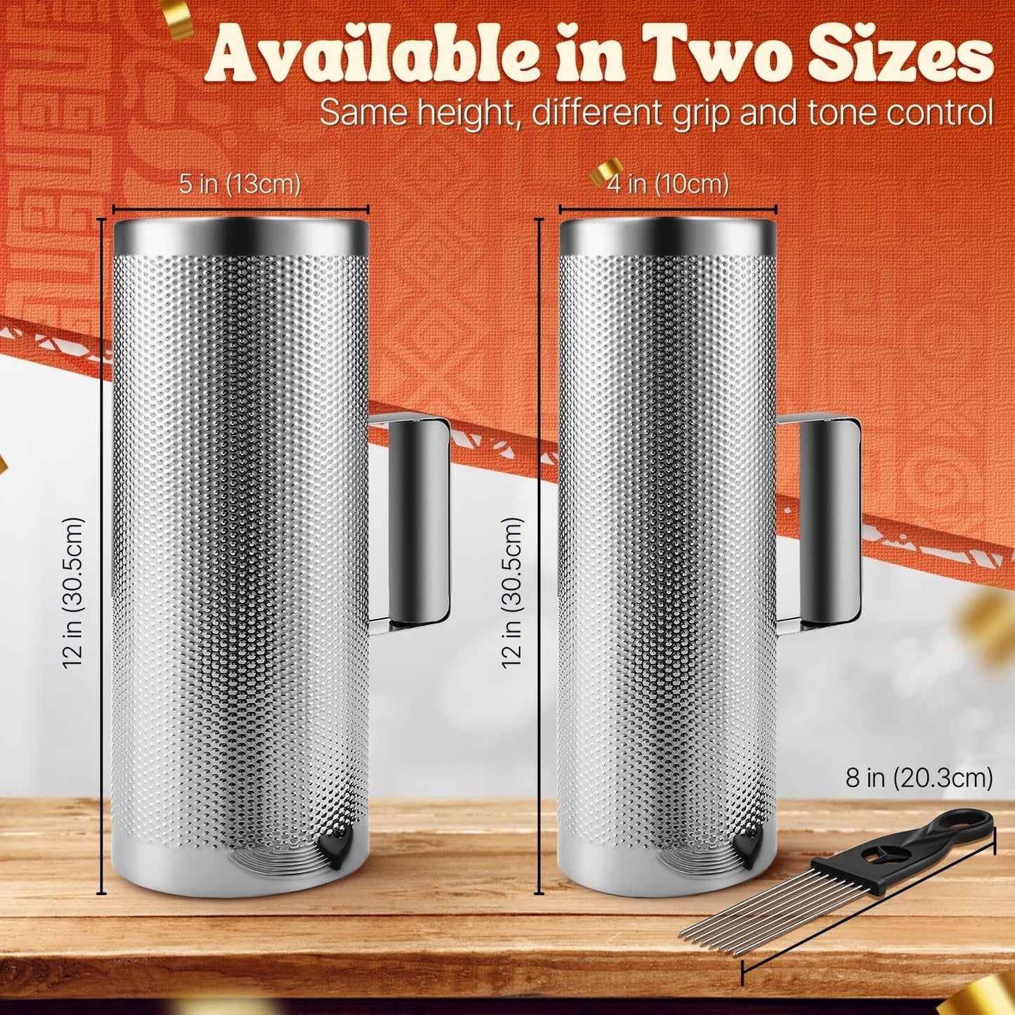 Flexzion Metal Guiro with Scraper Shack 4" x 12" - Merengue Guira Dominicana - Round Cylinder Stainless Steel Hand Musical Instrument Percussion for Jazz Bands, Concerts, and Live Performances