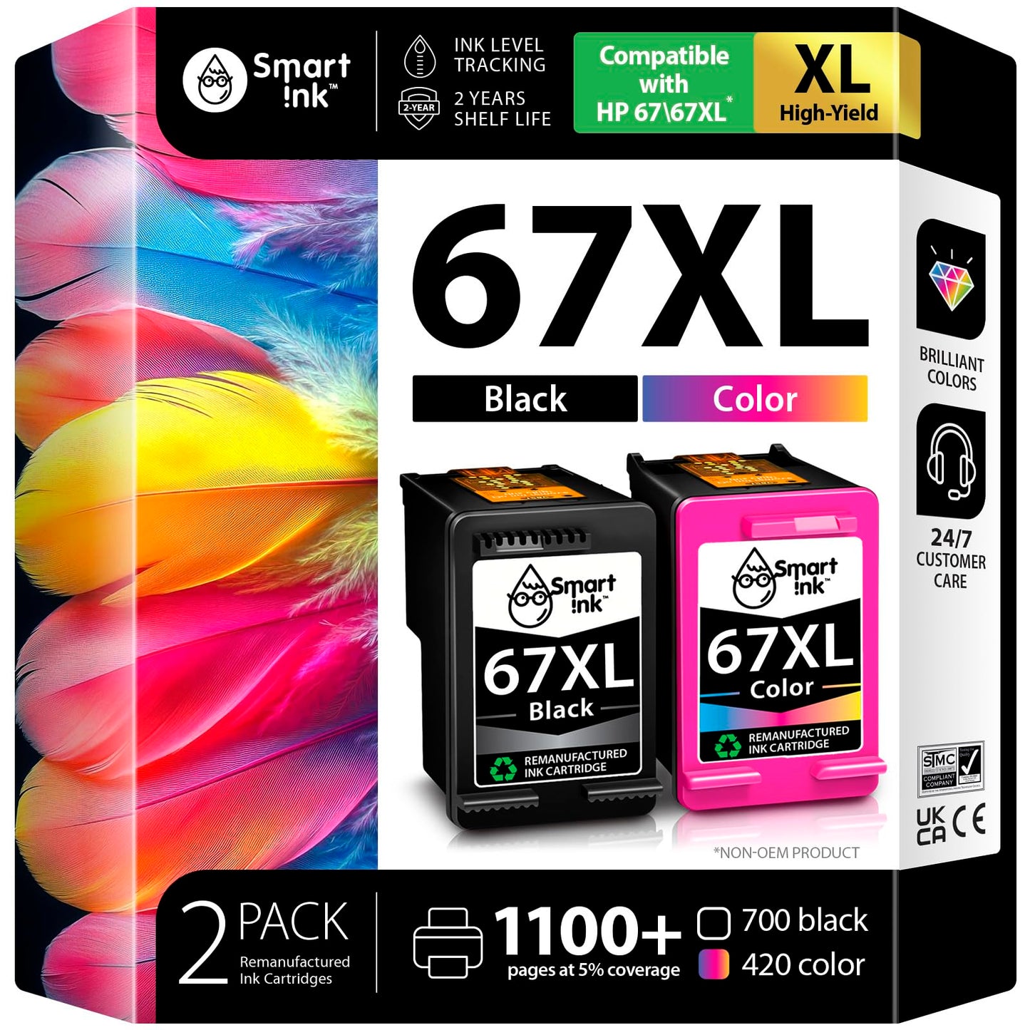 Smart Ink Remanufactured Ink Cartridges Replacement for HP 67 XL 67XL Combo Pack (Black & Tri-Color) for DeskJet 2855e 2755 2755e 2734e 2742 2742e 4155e 4255e 4155 Envy 6055 6055e 6052 6052e Printer