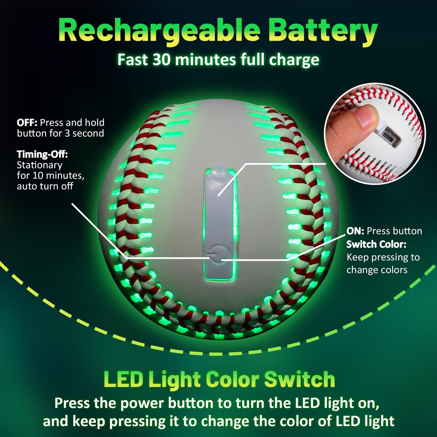 Light Up Baseball, Glow in The Dark Baseball for Boys Teens, Rechargeable Outside Baseball Game Accessories Toy with 7 Color Change, Ideal Gifts on Birthday Christmas Easter