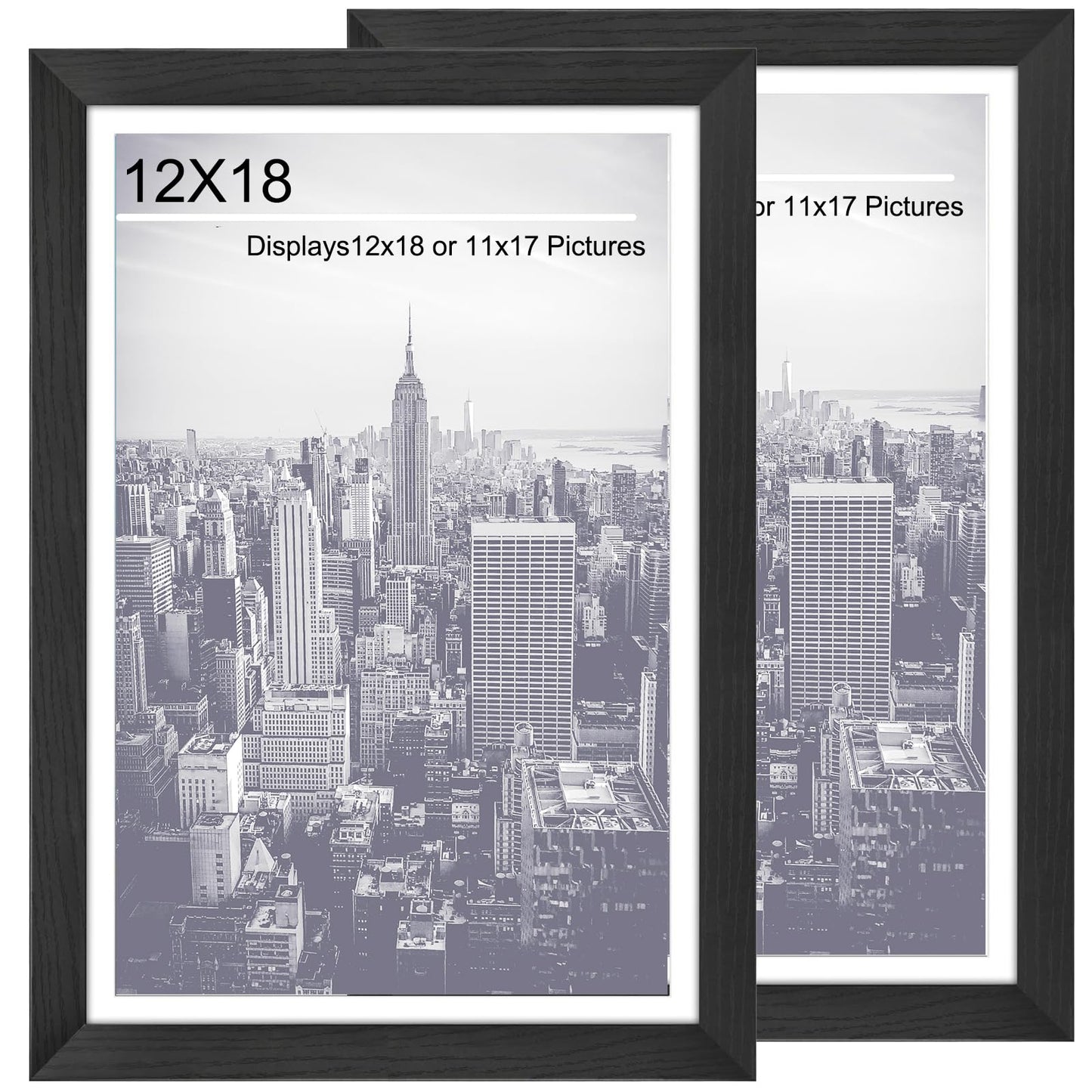 12x18 Picture Frames 2 Pack,Poster Frames Display Poster 11x17 with Mat or 12 x 18 Without Mat, Horizontal and Vertical Formats for Wall Mounting, Ideal for Home and Office Decor 12x18 Frame Black