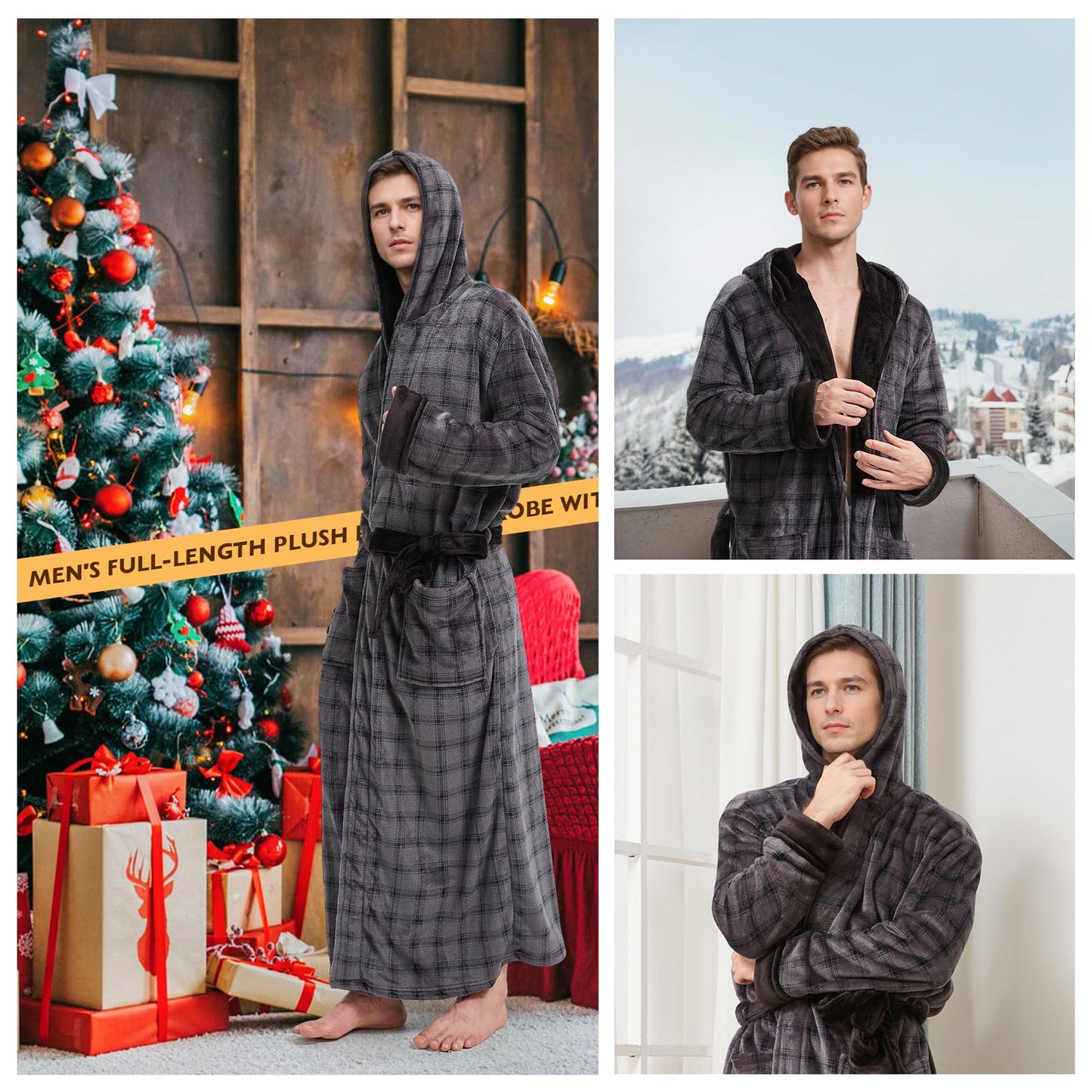 Mens Plush Plaid Hooded Robe, Full Length Fleece Big and Tall Bathrobe with Hood