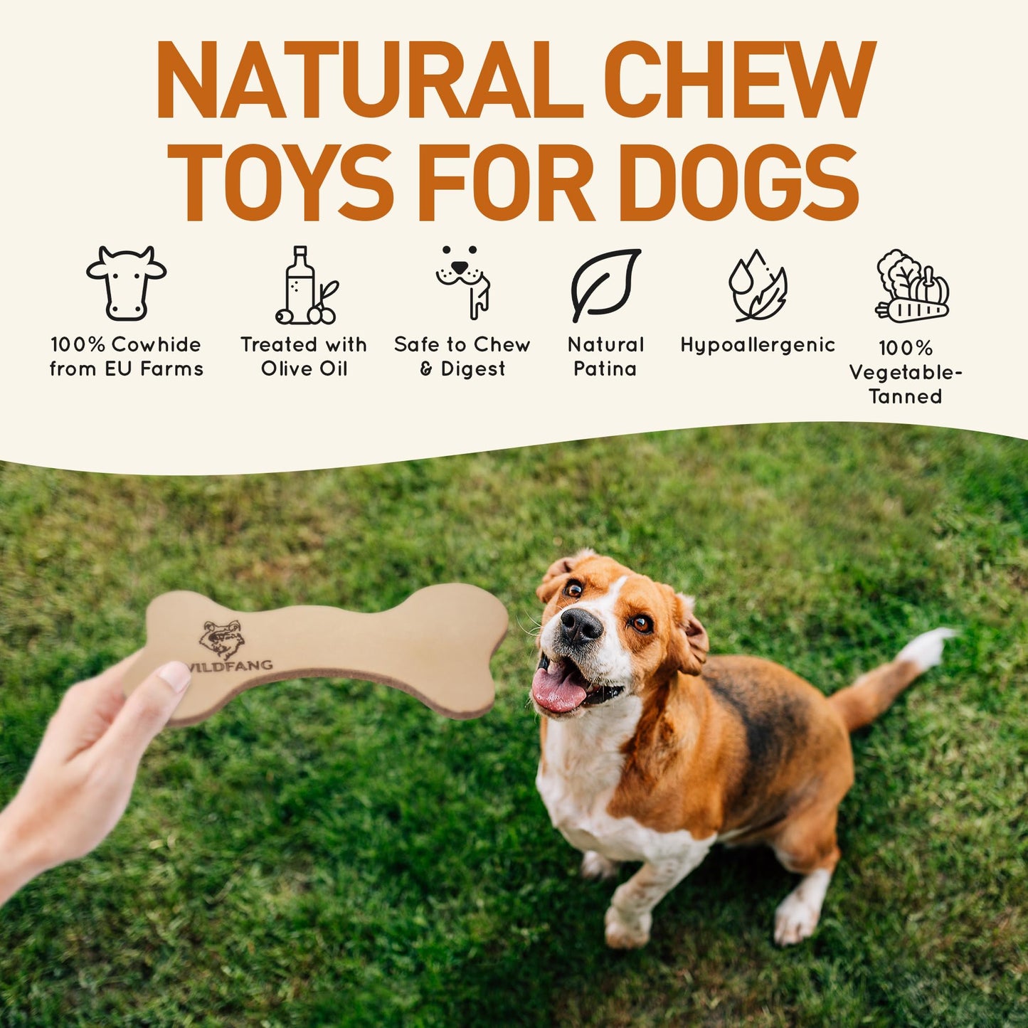 Wildfang® Leather Dog Toy, Large – Leather Bone for Teething Dogs, Dental Toys for Puppies, Training for Chewing Muscles, Puppy Chew Bones for Light or Medium Chewers (for Dogs Over 15 kg), Pack of 3