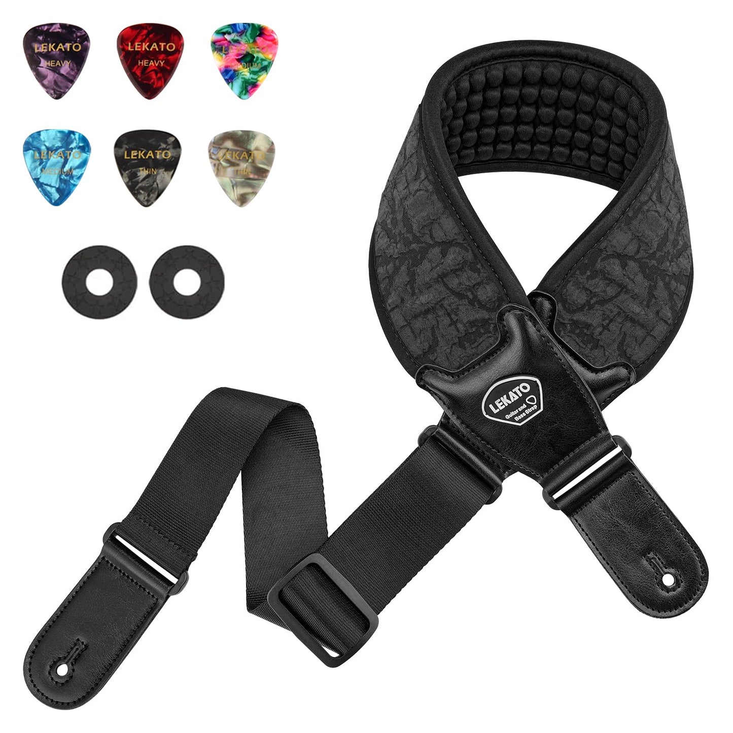 LEKATO Guitar Strap for Electric Guitar Bass, 3.5" Wide Anaglyph Embossed Retro Neoprene Padded Straps with 3D Sponge Filling Adjustable Length from 45" to 55" with Strap Locks and Picks, Black