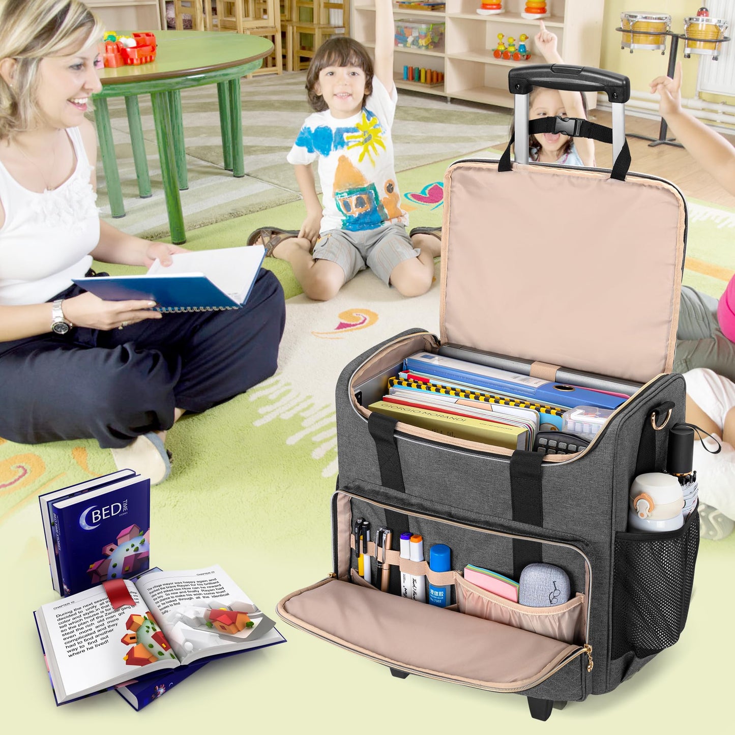 Luxja Rolling Teacher Bag with Laptop Compartment and Detachable Dolly, Multifunctional Rolling Teacher Tote Bag (Patent Pending), Gray