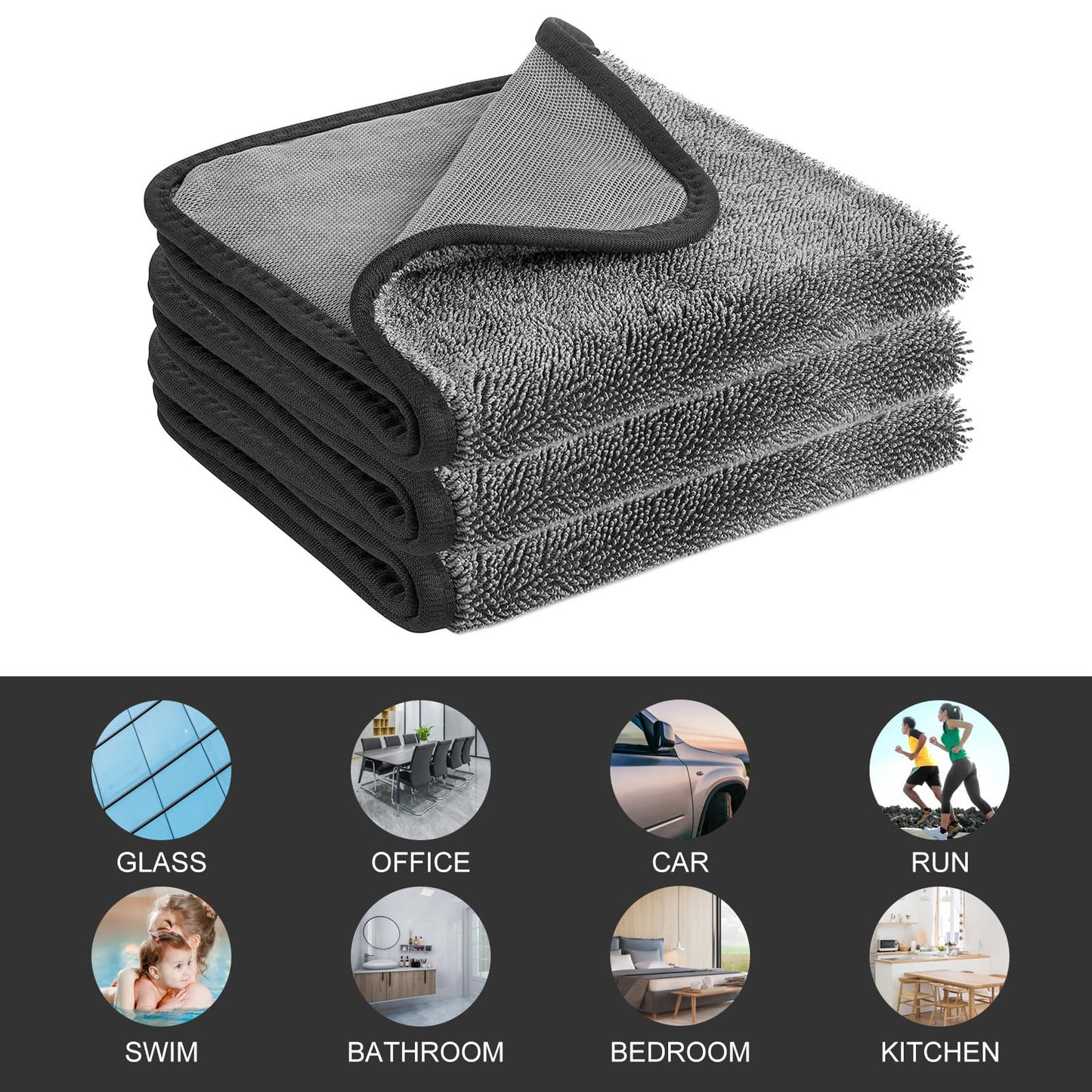 Longzhuo Shiny Microfiber Cleaning Cloths for Shower, Windows, Car, Home, and Office - 3pc Super Absorbent Bath Drying Towels (Gray)