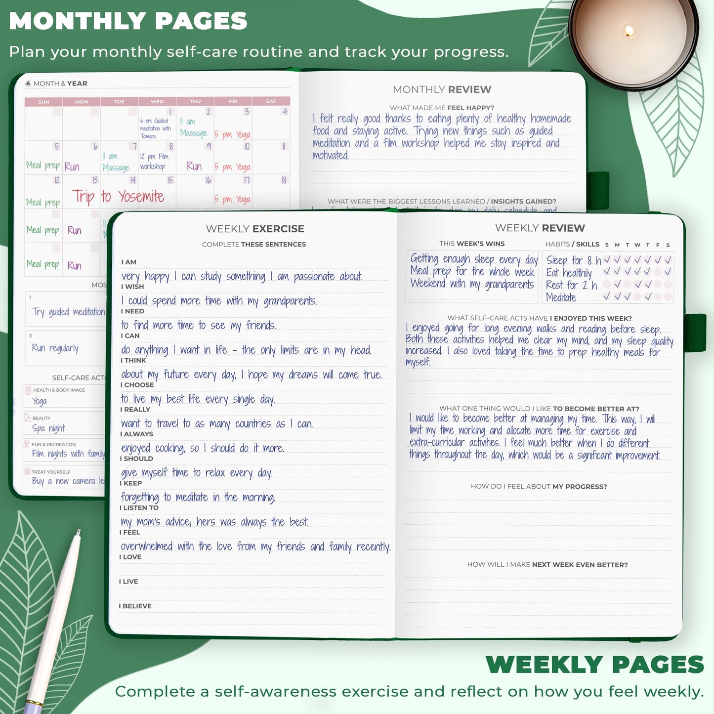 Clever Fox Self-Care Journal – Daily Reflection Notebook – Mental Health & Personal Development Planner, Meditation & Mood Log, A5 (Forest Green)