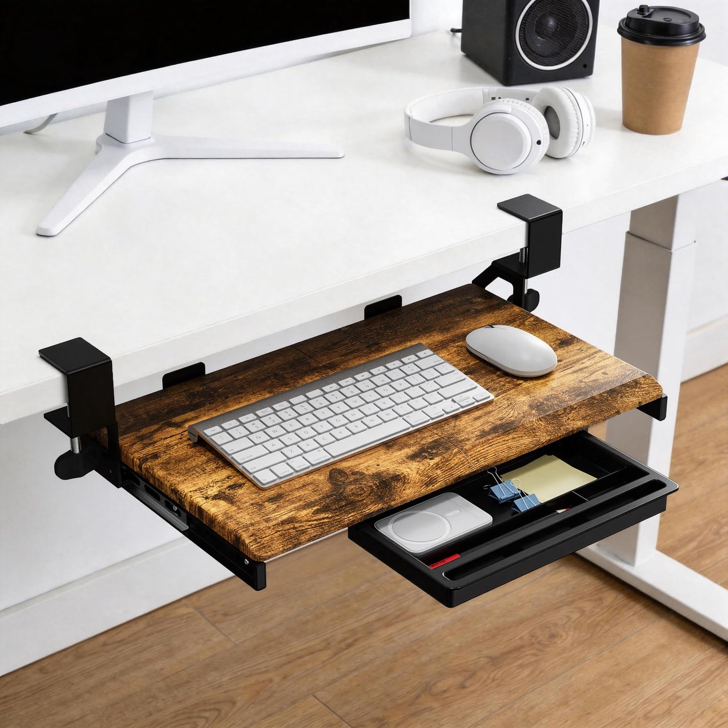 ETHU Under Desk Keyboard Tray - Small Slide Out Keyboard Shelf with C Clamp Mount, 19.7" x 11.8" Ergonomic Pull Out Tray for Home Office Desk, Walnut
