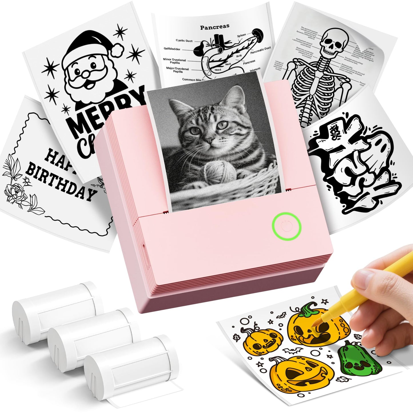 Sticker Printer PM290C Mini Printer Portable Print Pod, Wireless Bluetooth Sticker Maker with 3 Rolls Paper,Inkless Thermal Printer Photo Printer with Smart AI APP, Pictures, DIY, Journal, Pink