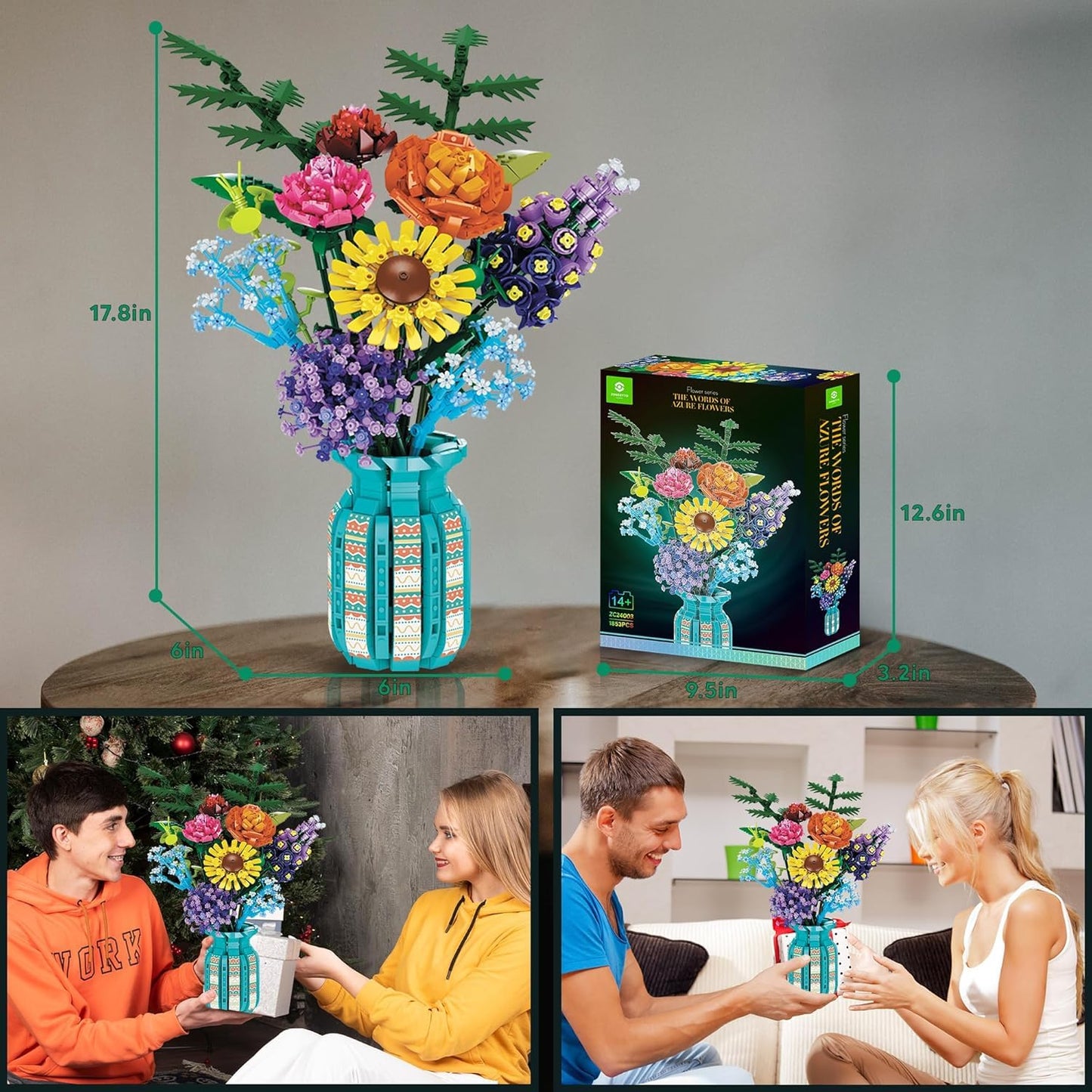 BlockPro Flowers Bouquet Building Blocks Set with Vase, Roses, Sunflower, Hyacinth, Hydrangea, Flower Set for Adults, Teen Girls, Home, Office Decor, Valentine's 1853pcs
