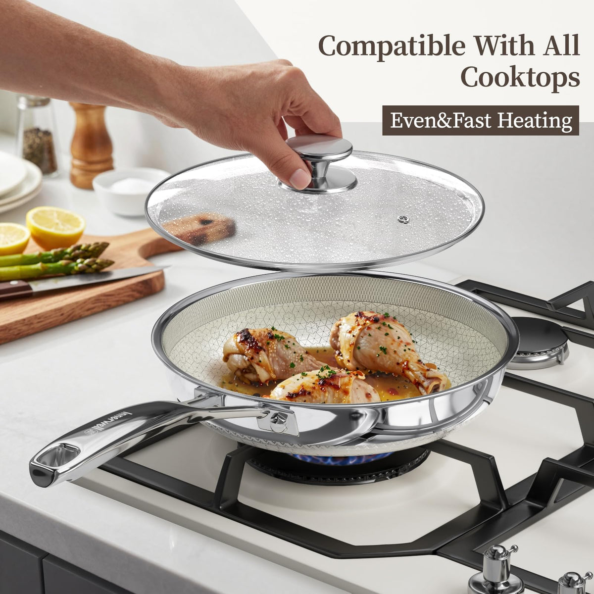 10 Inch Non Stick Frying Pan with Lid, Ceramic Hybrid Tri-Ply Stainless Steel Non Stick Skillet Pan W/Lid Healthy Nonstick Cookware Induction Omelette Chef Frying Pan, Oven Safe, PFAS/PFOA/PTFE Free