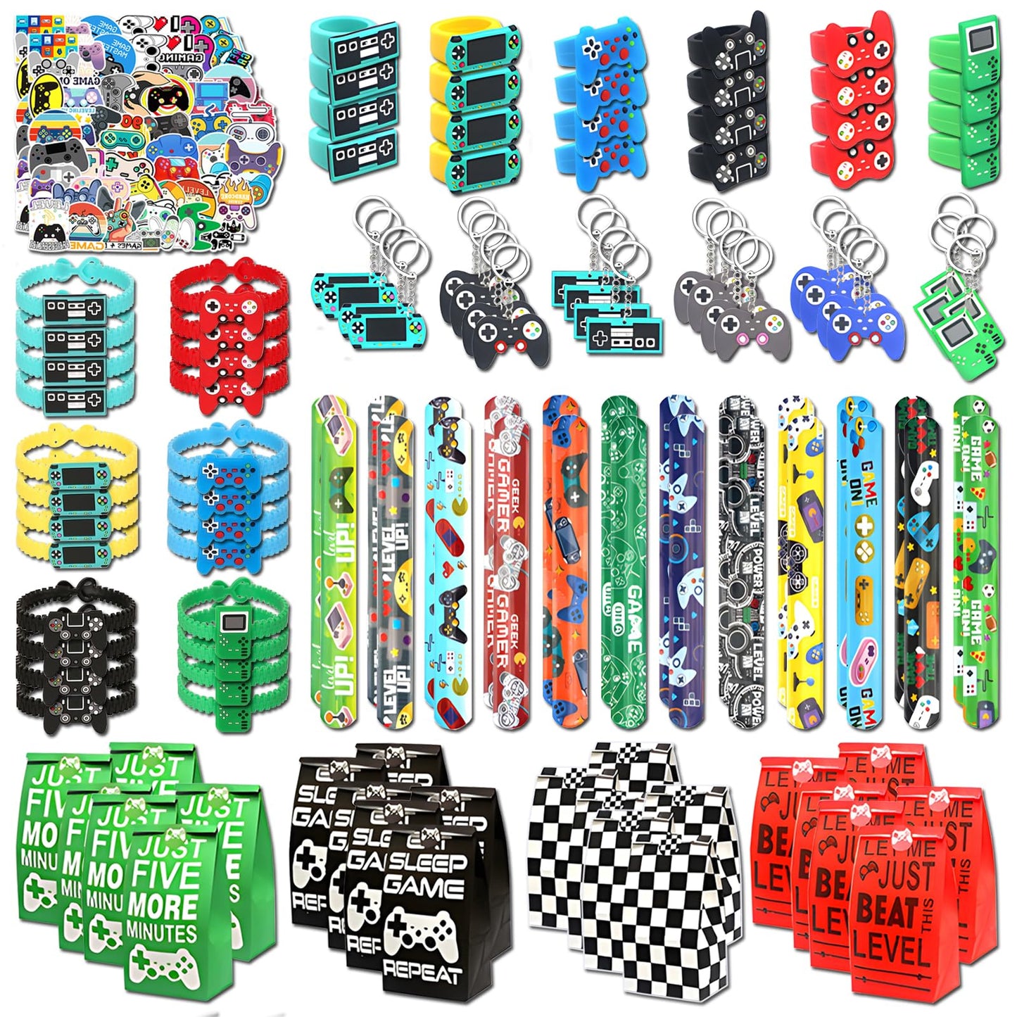 24 Sets of Video Game Party Favors, 220 Pcs Gaming Birthday Goodie Bags Including Game Keychain, Gift Bags, Slap Bracelet, Game Ring, Stickers, Hand Strap for Gaming Kids