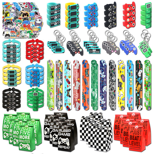 24 Sets of Video Game Party Favors, 220 Pcs Gaming Birthday Goodie Bags Including Game Keychain, Gift Bags, Slap Bracelet, Game Ring, Stickers, Hand Strap for Gaming Kids