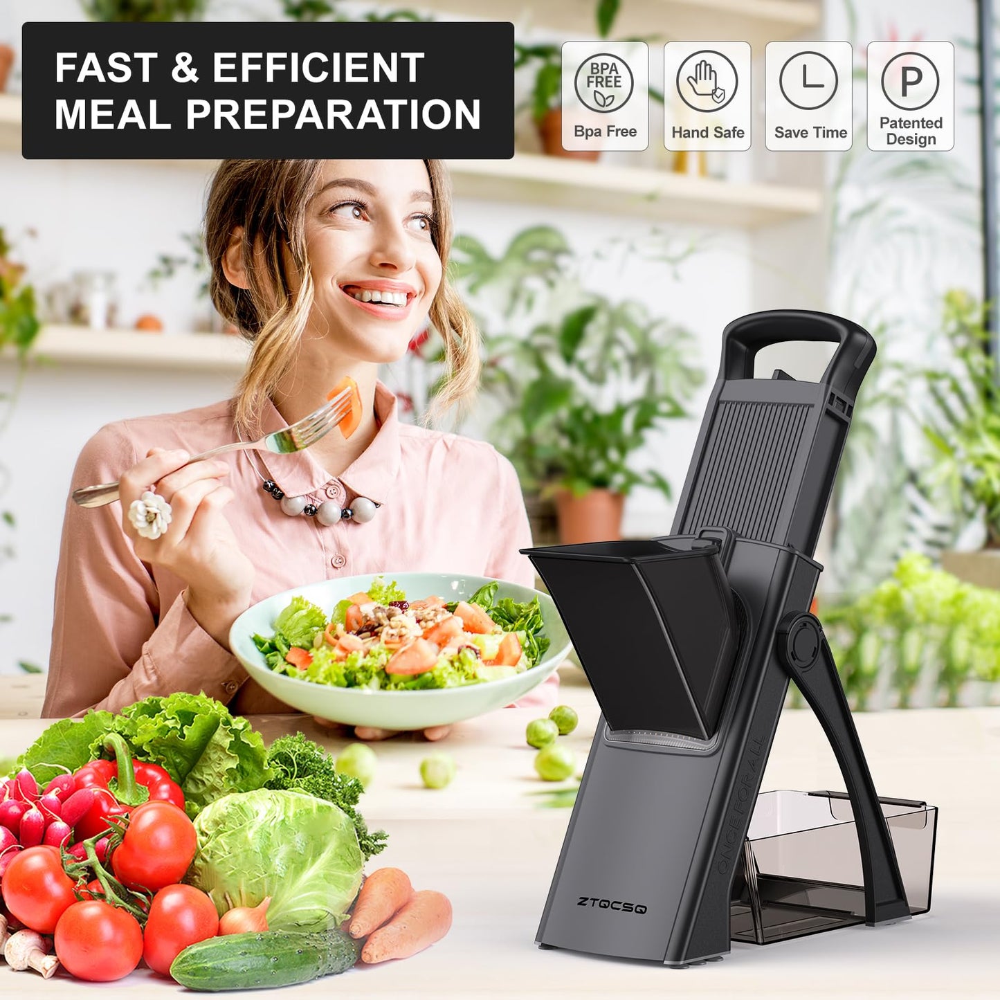 ZTQCSQ 2025 [All in 1] Upgraded Version Safe Mandoline Slicer for Kitchen, Adjustable Thickness. Veggie Slicer, Rapid Prep Mandoline, Detachable Blade, Cleaning Brush/Paring Knife (Black Knight)