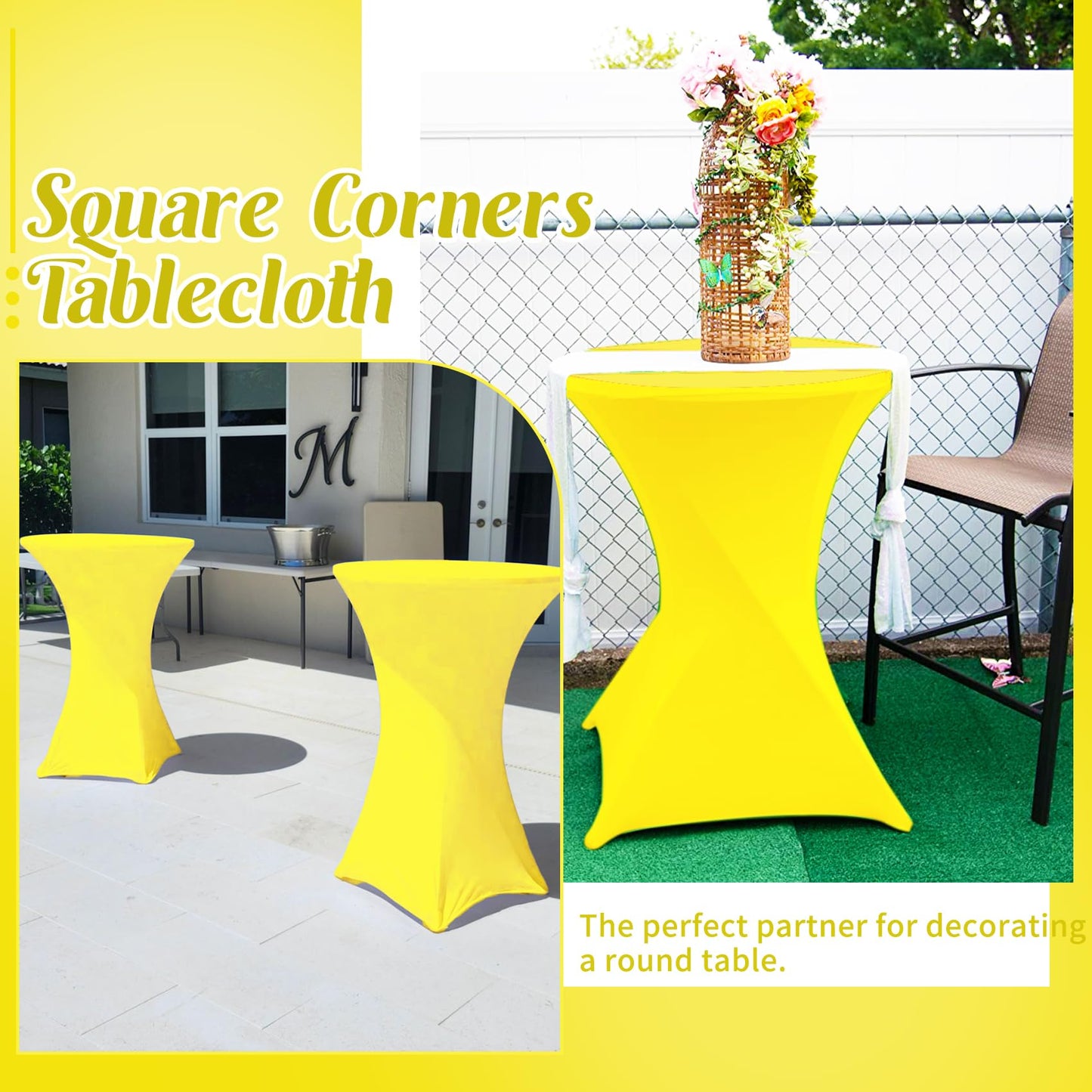 8 Pack Cocktail Table Covers 32x43 Inch Fitted Stretch Spandex Square Corners Yellow Table Cover High Top Cocktail Tablecloth for Round Table Cloth for Party, Wedding, Birthday, Banquet(Yellow)