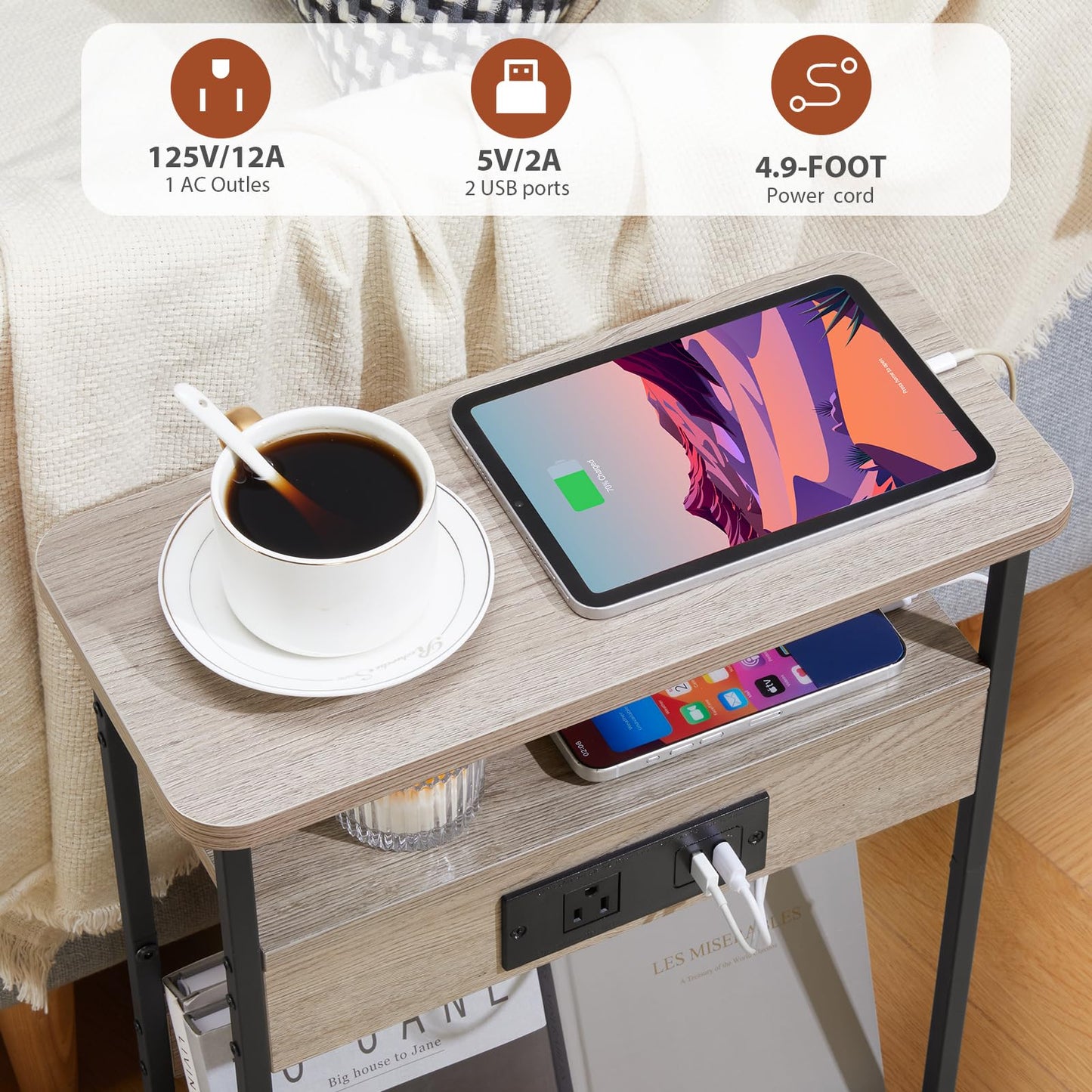 Small Narrow Side Table with Charging Station for Small Space, 3-Tier Accent Couch Beside Table with USB Ports & Power Outlets, Sofa Side Table for Living Room Bedroom Apartment (USB Charger, Oak)
