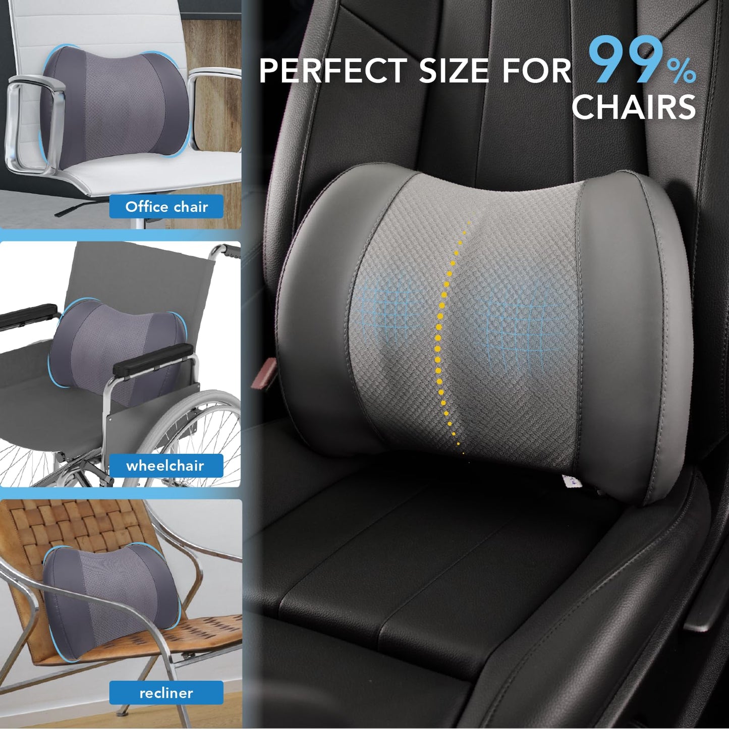 Lumbar Support Pillow: Memory Foam Lumbar Pillow for Lower Back Pain Relief - Car Back Cushion for Driving - Lumbar Support for Car-Office Chair, Wheelchair - Dark Grey