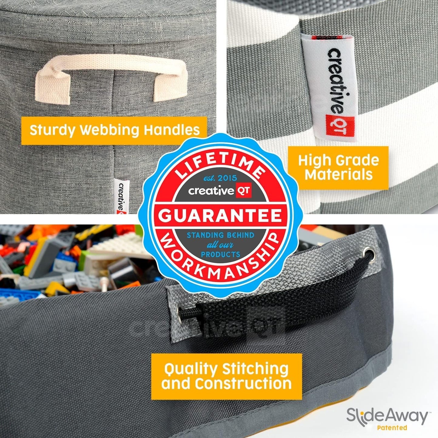 Creative QT - SlideAway Toy Storage Basket and Play Mat – Tidy with Ease, Organize Small Toys, Building Bricks, Action Figures – Large Drawstring Foldaway Play Surface - 12”x15” - Heather Beige