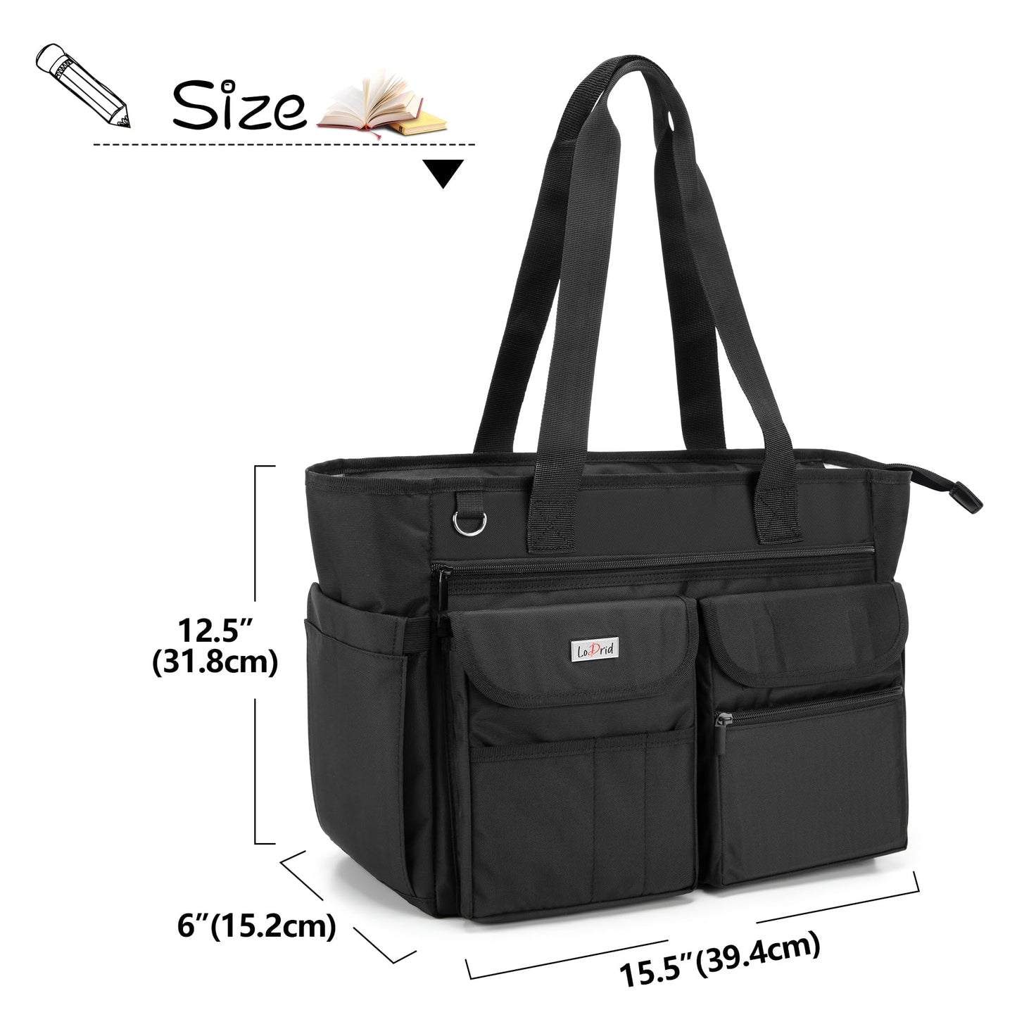 LoDrid Teacher Tote Bag with Bottom Pad, Large Compartment with Separate Storage Layer for Laptop(Up to 15.6"), Black