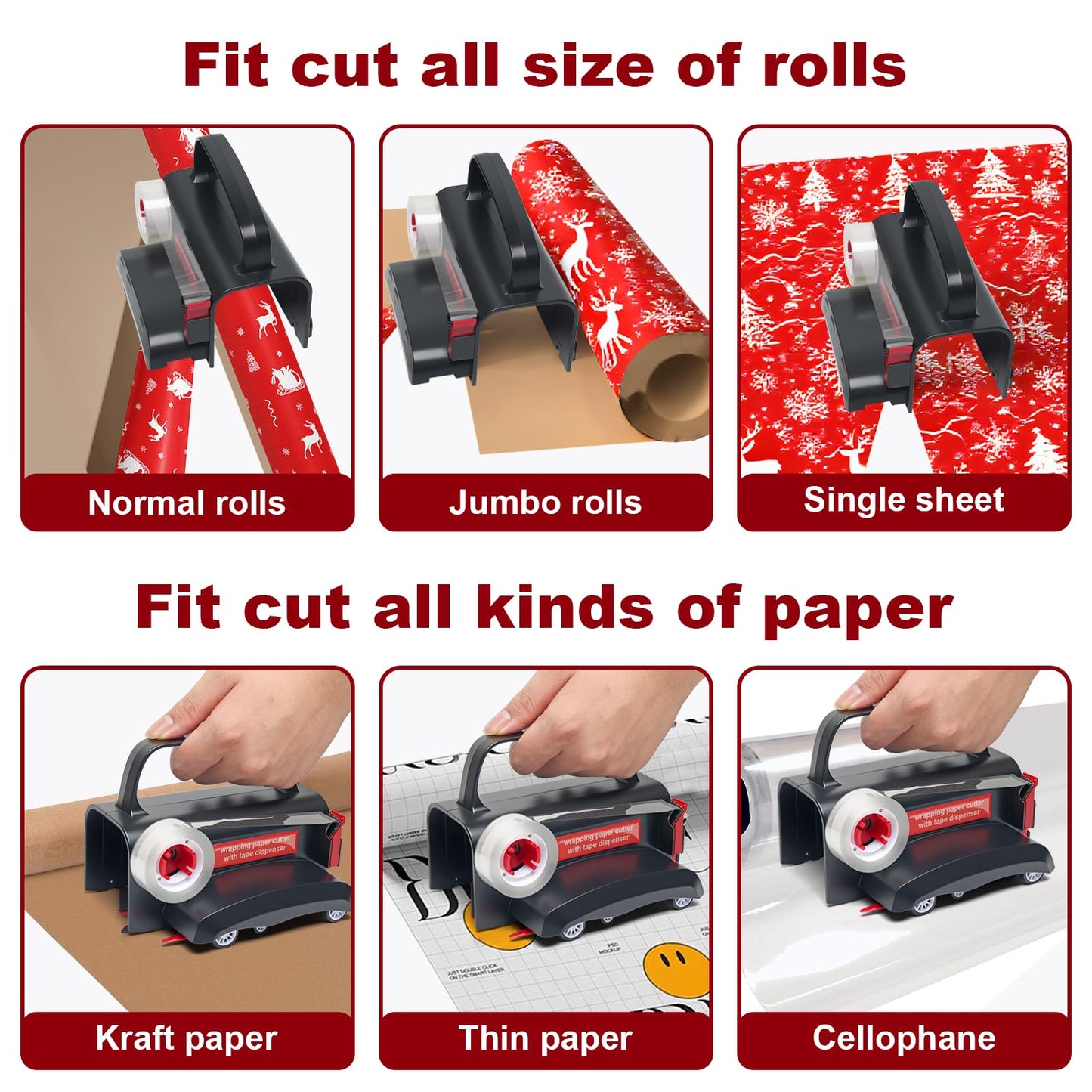 (2-Pack) Wheel Wrapping Paper Cutter & Tape Dispenser Dual Use-4 Tapes,2 Replace Blades-Christmas Gift Wrap Tool, Paper Roll Slicer,Sliding Straight Cut for Birthday Gift Wrap Cutter-Efficient Packag