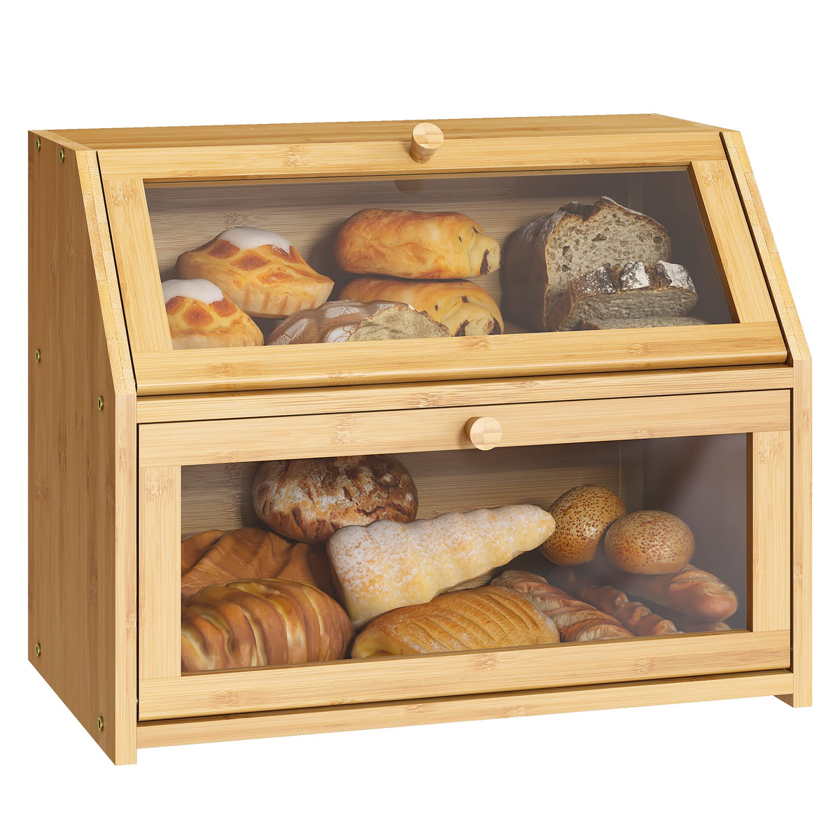 Bread Storage Farmhouse Bread Box For Kitchen Countertop Bread Container With Clear Window Breadbox Double Layer Bamboo Wooden Extra Large Capacity Bin Kitchen Food Storage Container (Trapezoid Bread Box)