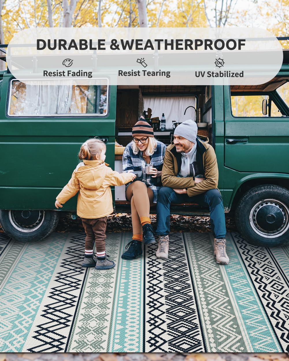 COCOER Boho Reversible Outdoor Picnic Blanket - 6x9 ft Blue Turquoise Floral Waterproof Plastic Straw Rug for RV Camping, Backyard, Deck