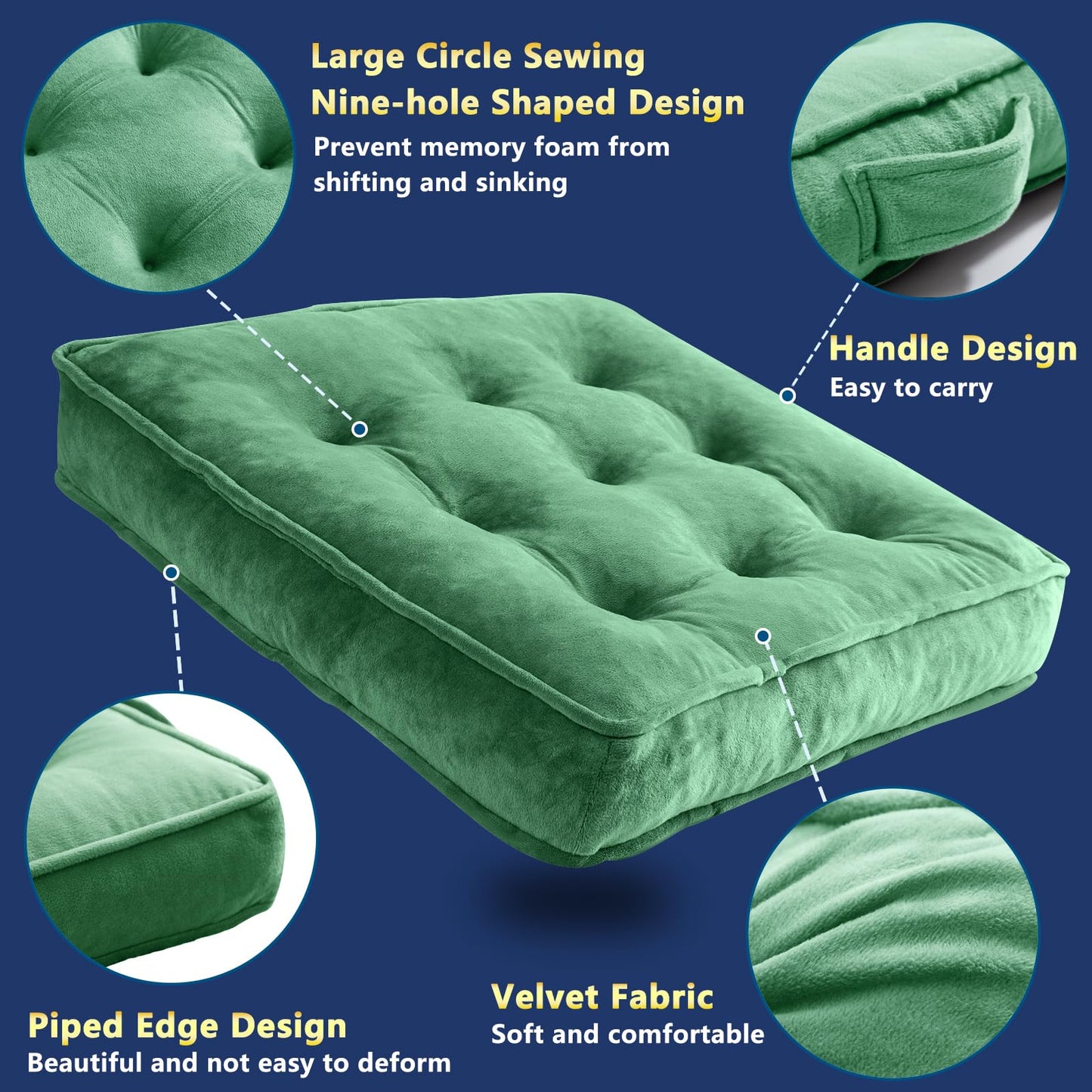 1 MIDDLE ONE Floor Pillow Set of 2, Memory Foam Meditation Cushion, Floor Cushions for Adults Sitting, Large Square Seat Cushions for Yoga, Living Room, 20x20 Inch (Green)