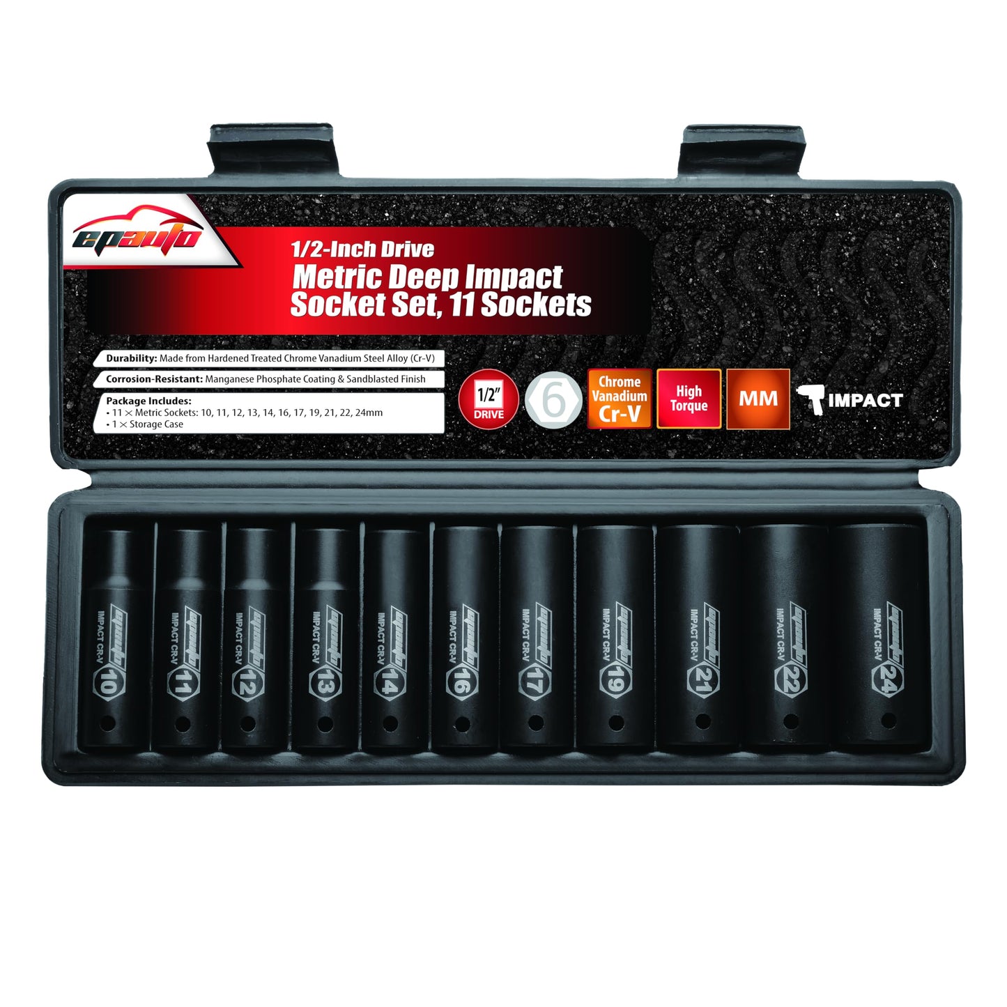 EPAuto 1/2-Inch Drive Metric Deep Impact Socket Set, Cr-V, 11 Sockets
