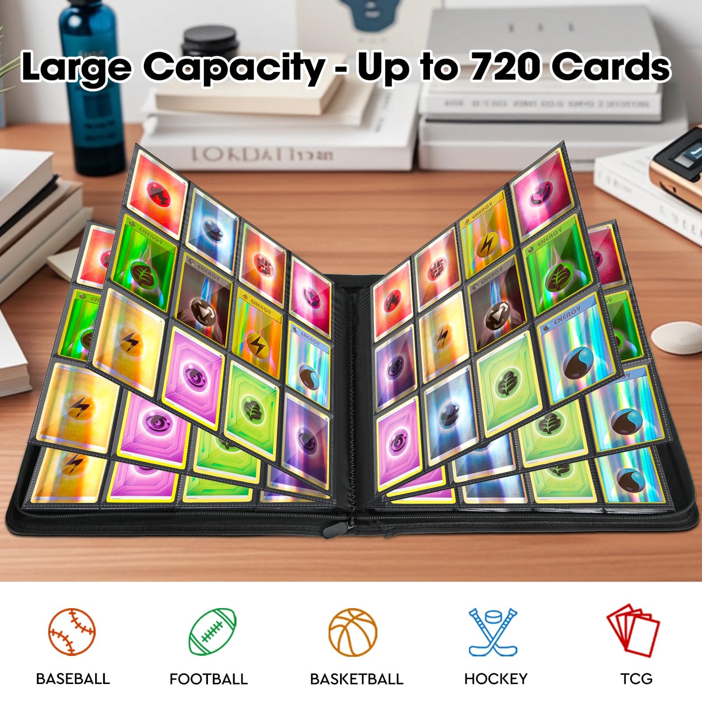 Old Canal Trading Card Binder, 12 Pocket Card Album Folder Hold Up to 720 Cards, Premium and Durable Zipper Binder, Cards Holder Album for MTG, TCG, Baseball Cards (Black)