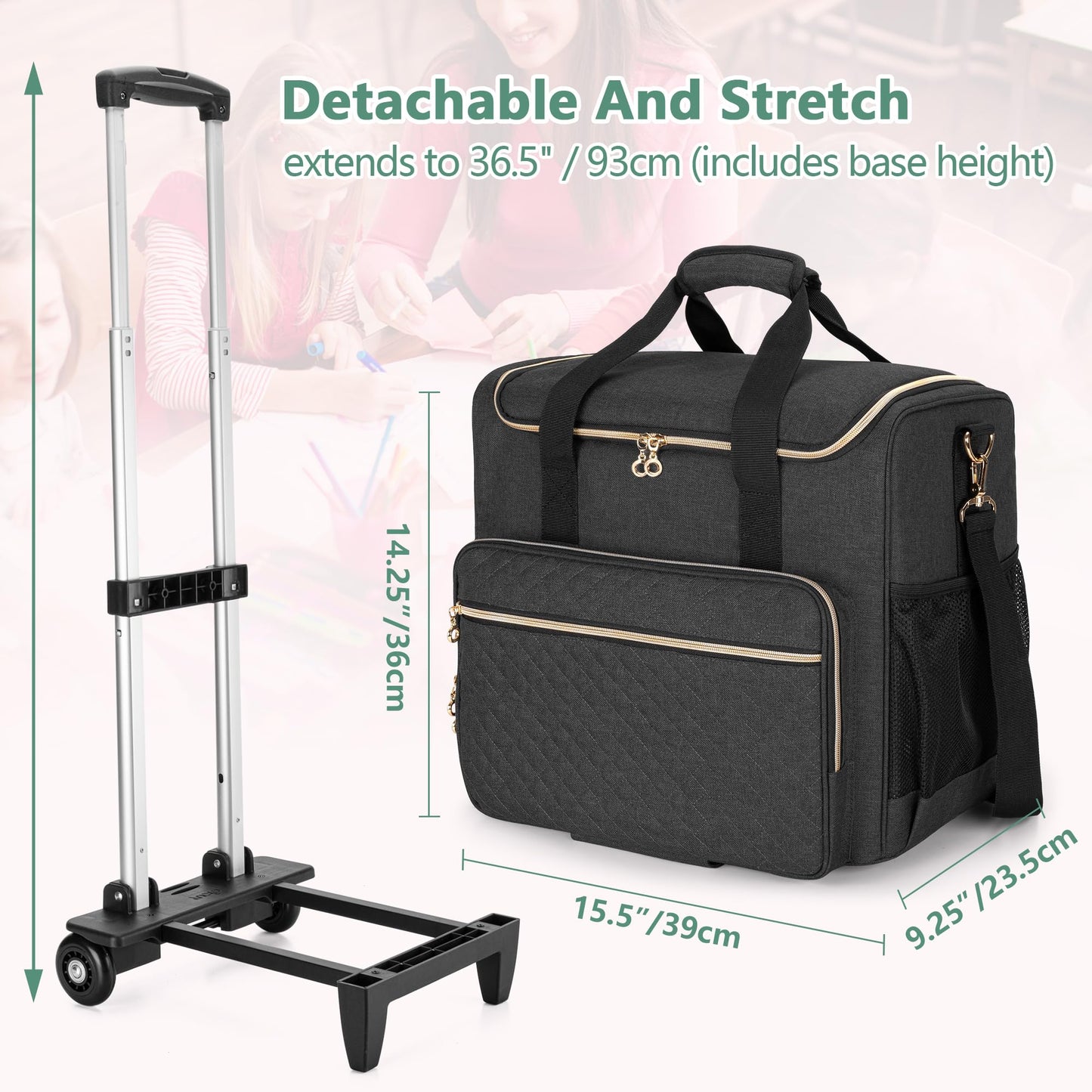Luxja Rolling Teacher Bag with Laptop Compartment and Detachable Dolly, Multifunctional Rolling Teacher Tote Bag (Patent Pending), Black