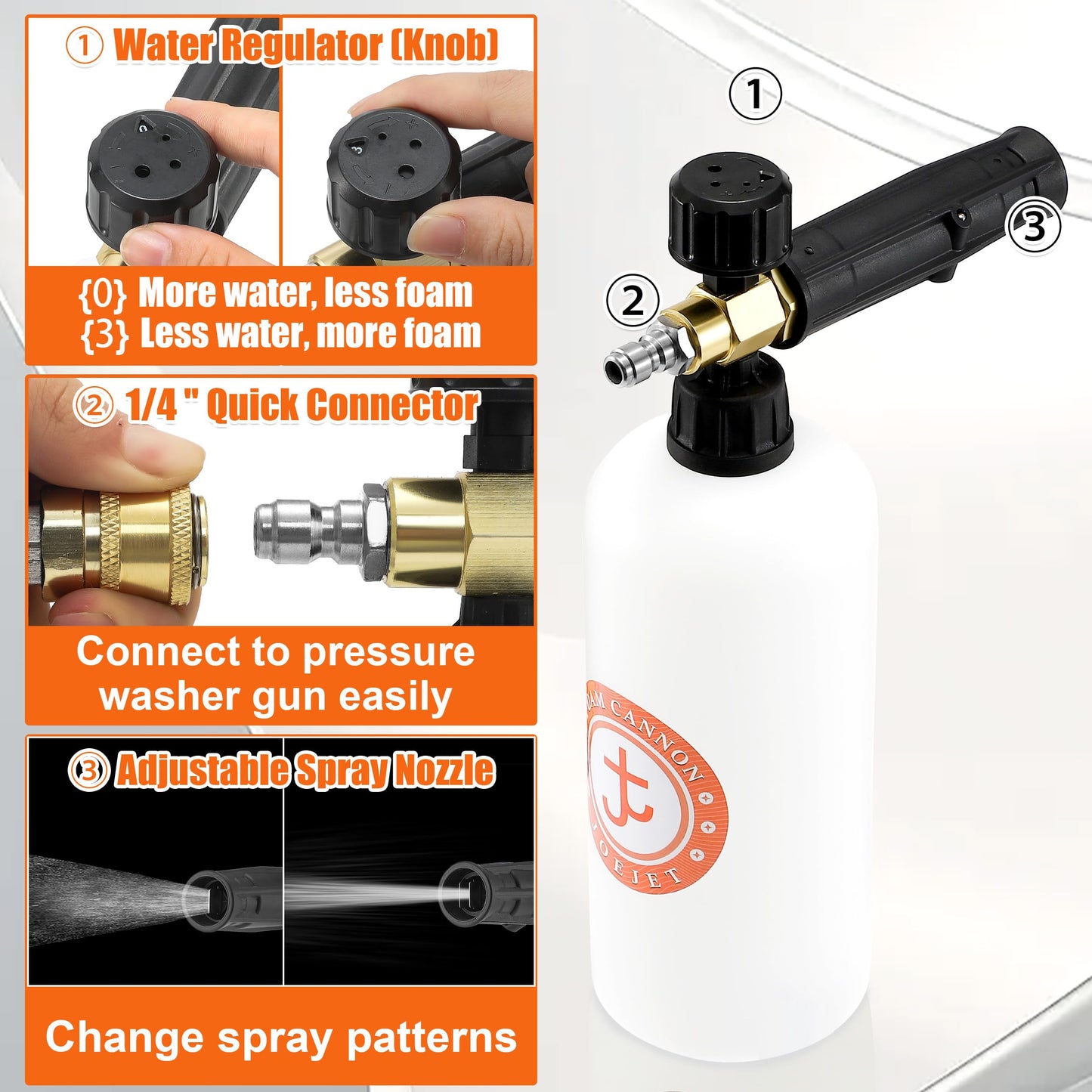 JOEJET Short Pressure Washer Gun with Foam Cannon Dual Connector Accessory, Car Wash Foam Gun with 1/4 Inch Quick Connector, 5 Pressure Washer Nozzle Tips, 1 Liter