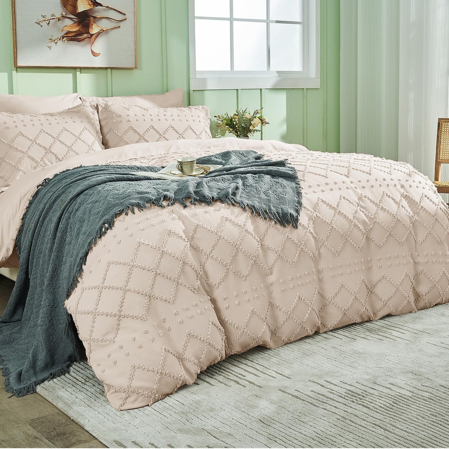 HYMOKEGE Duvet Cover Queen Size, Boho Tufted Duvet Cover Set 3 Pieces, Soft & Lightweight Shabby Chic, Embroidery Bedding Set for All Seasons, 90" × 90" & 2 Pillow Shams, Beige