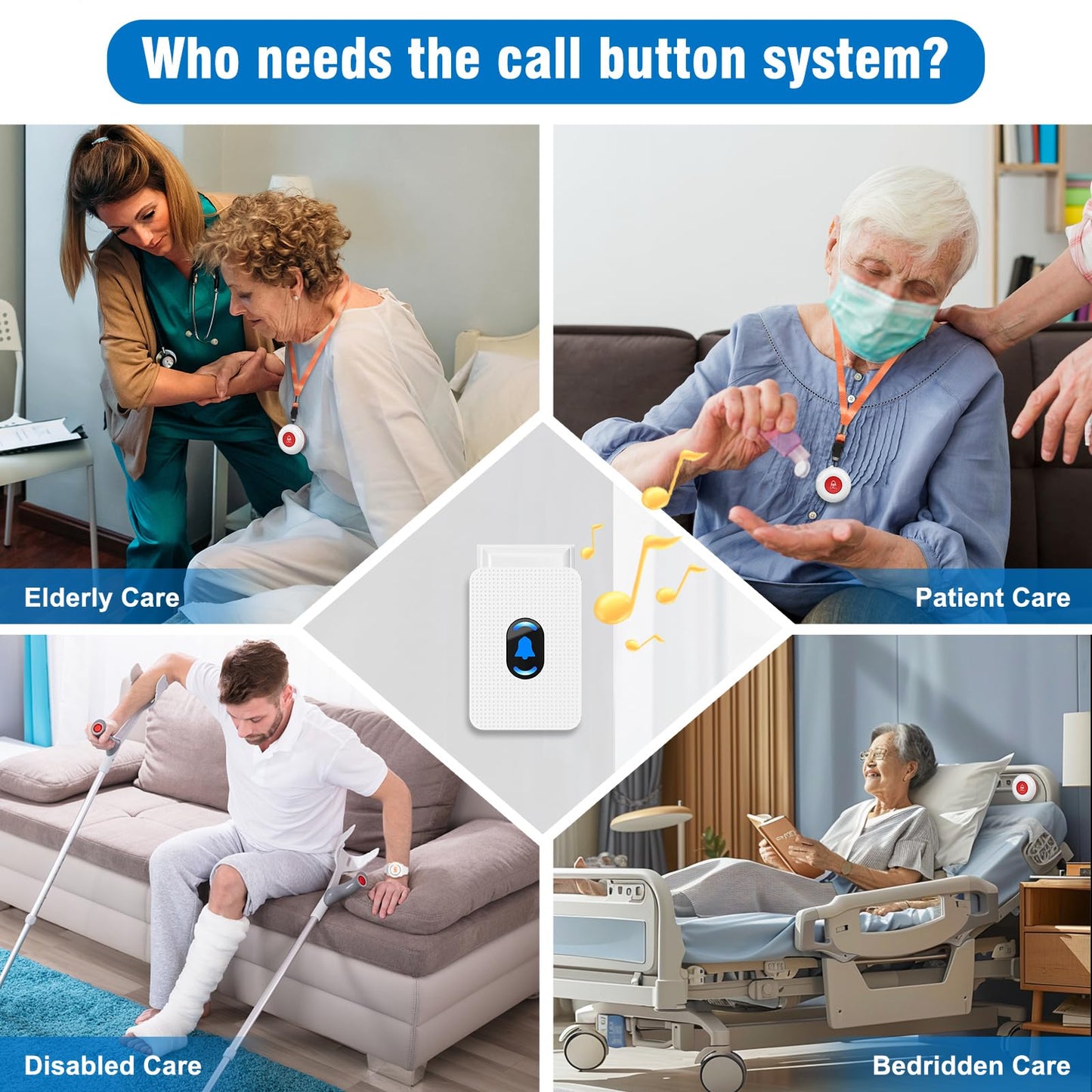 Daytech Caregiver Pager Wireless Senior Alarm Call Button Emergency Panic Button Call Bell Alert System for Elderly/Pregnant/Disabled, 3 Receivers + 4 Transmitters