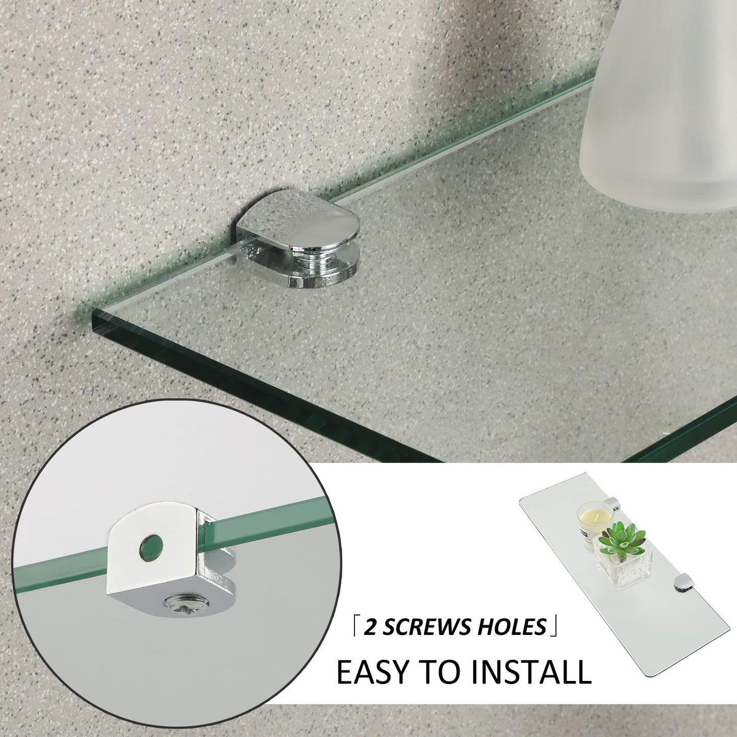 Sayayo Bathroom Shelves Glass Shelf 15 Inch, Floating Shelves Wall Mounted Rectangular Tempered Glass Wall Shelves, Polished, 2 Pack, CGBL1012R-C-2P