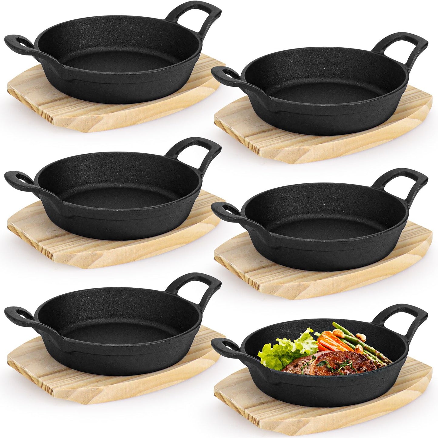 6 Sets Mini Cast Iron Skillet with Wooden Base Small Round Fajita Plate Iron Pan Pot for Cooking Party (6.3 Inches)