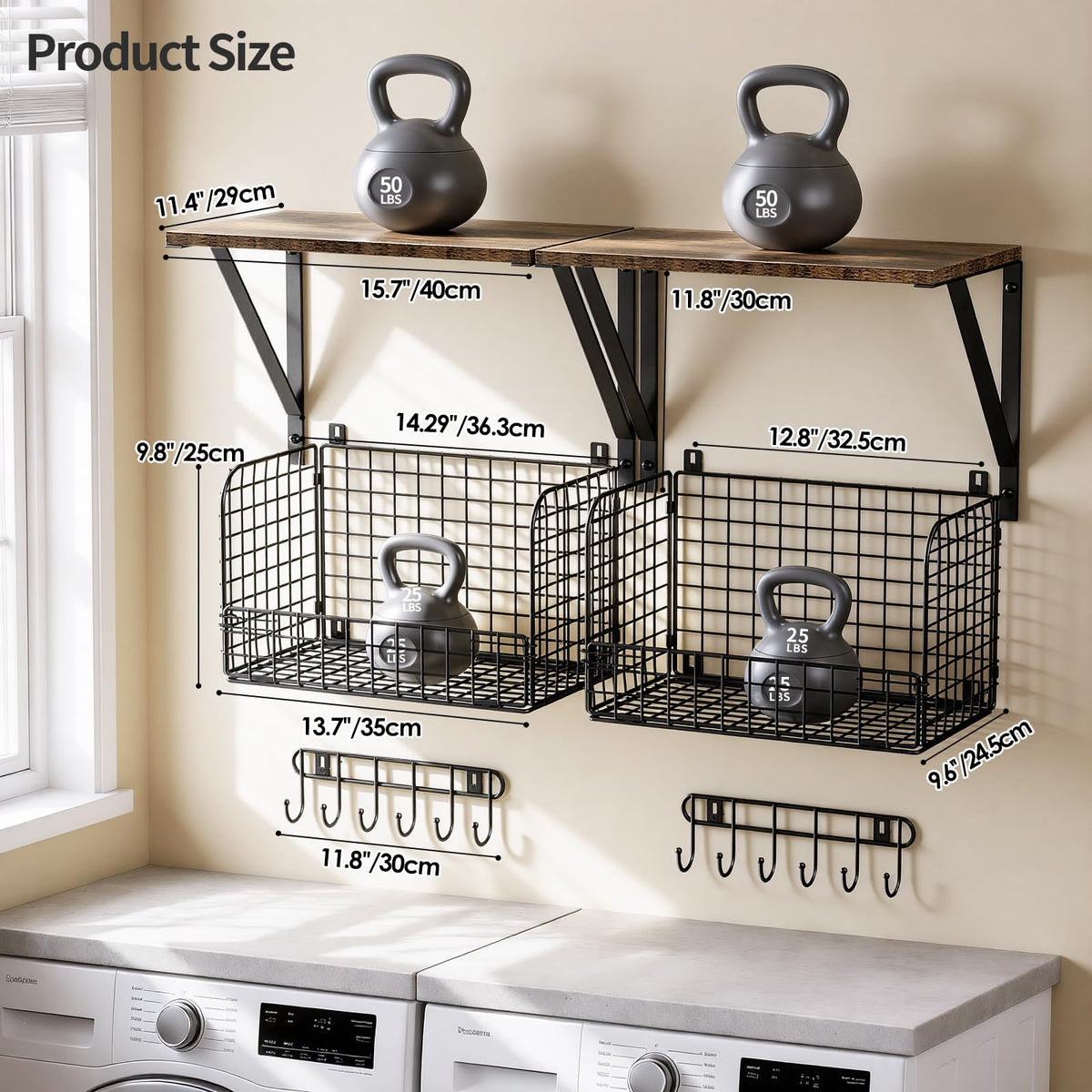 Housolution Garage Shelving Wall Mounted, Heavy-Duty Garage Wall Shelving with Baskets & Hooks Supports up to 154 LBS in Total, Tool Storage Organizer for Home, Garden, Kitchen, Laundry Room