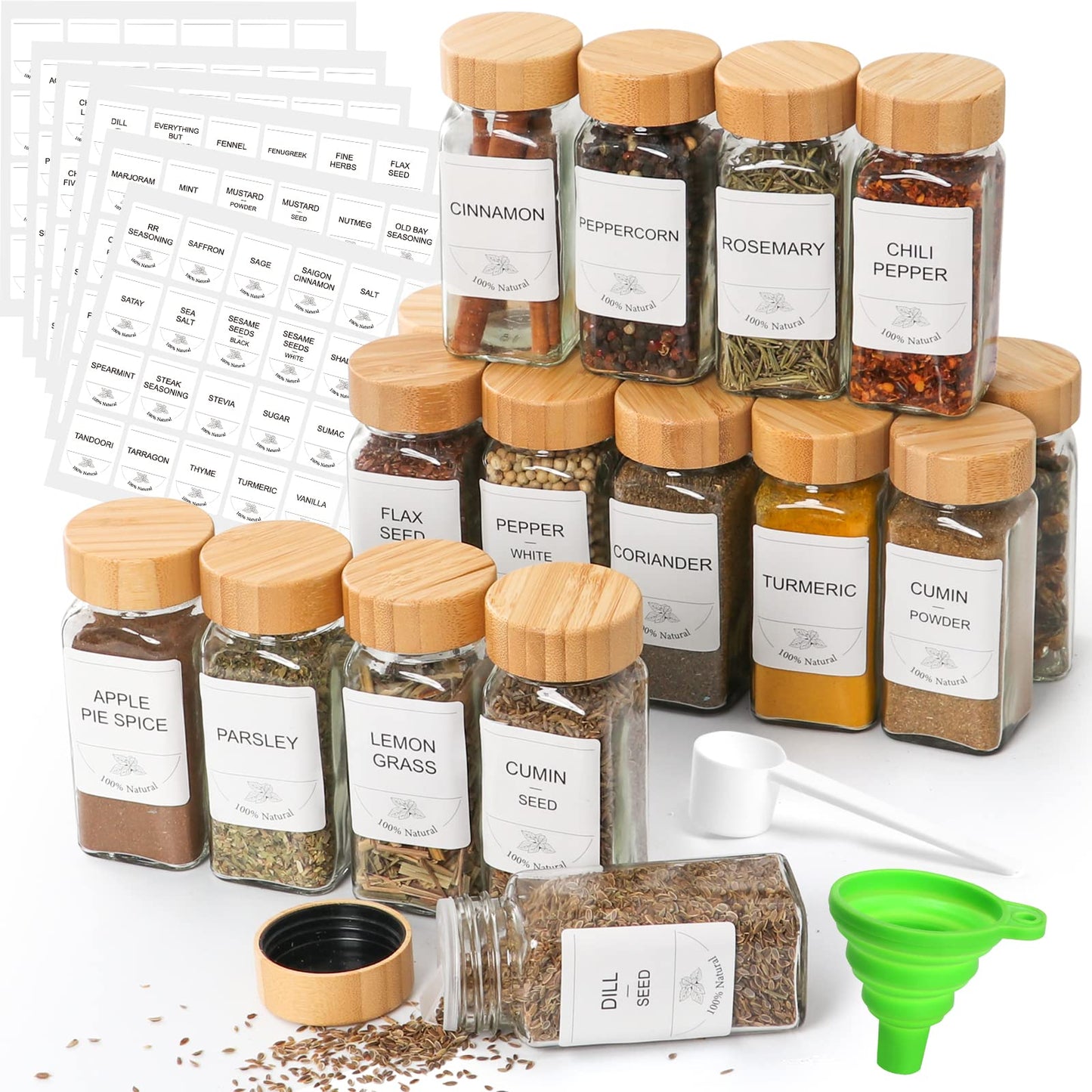 16 Pack 4 oz Small Square Glass Spice Jars with Bamboo Lids, 120 ml Empty Spice Containers with Shaker Lids & Blank/Printed Labels for Kitchen Cabinet Organization