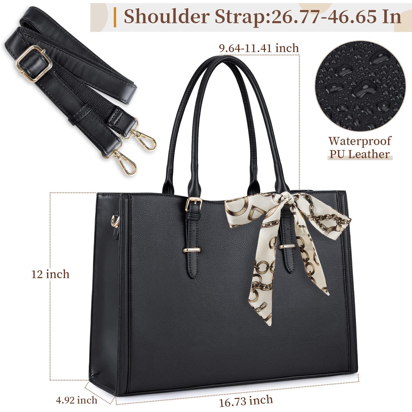 Laptop Bag for Women 15.6 inch Waterproof Leather Bag Work Laptop Computer Bag for Office Travel Handbag Shoulder Bag Black
