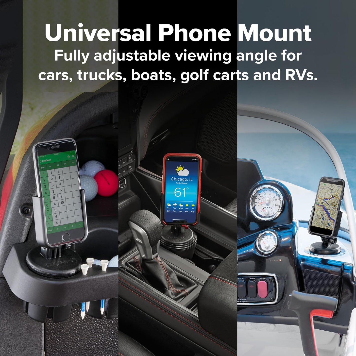 WeatherTech CupFone, Universal Cup Holder Phone Mount for Cars – Adjustable & Secure Fit with Open Access for Charging – Compatible with iPhone, Android (Black Plastic Knobs)