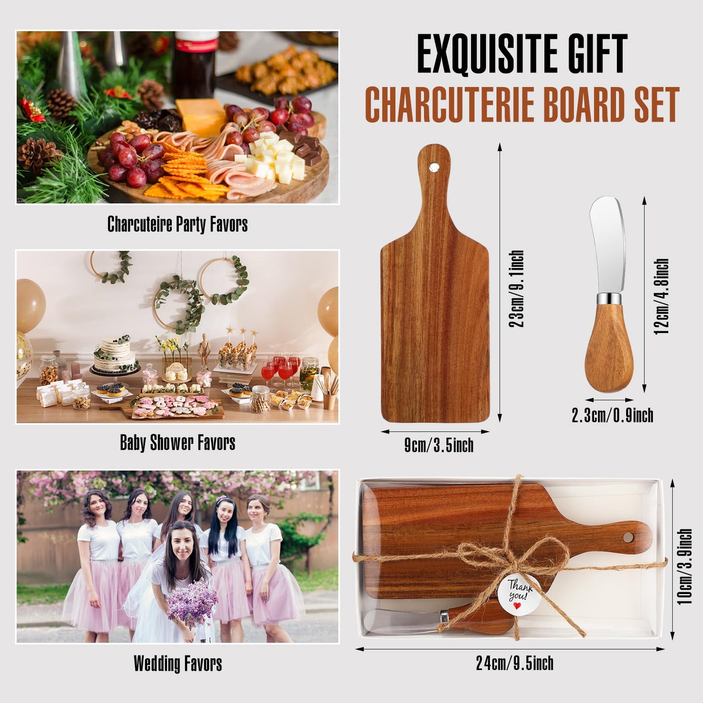 12 Sets Bridal Baby Shower Cheese Prizes Mini Charcuterie Board Set with Knives Wooden Board and Thank You Box Game Gifts for Wedding Party Guests Winners(Acacia Wood)