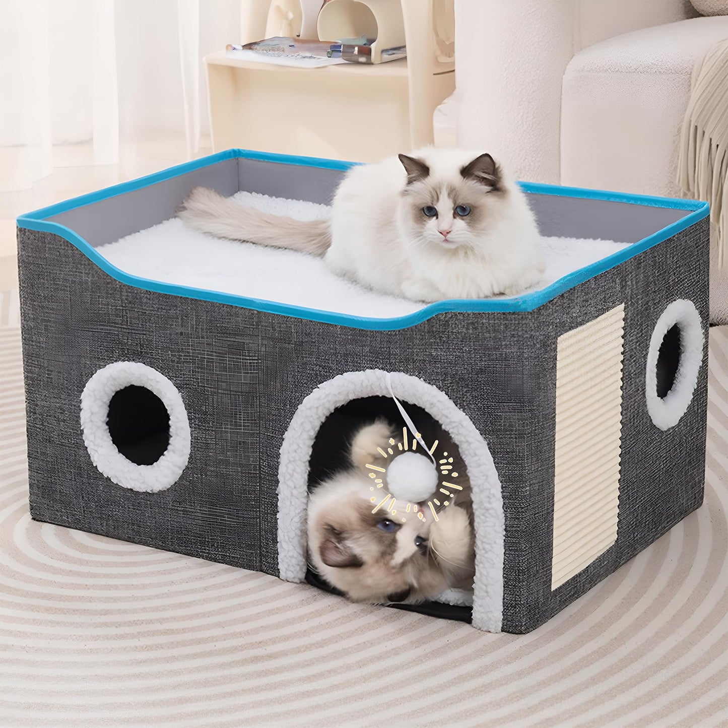 Loyareal Cat Houses for Indoor Cats - Large Cat Bed Cave for Cat House with Scratch Pad and Fluffy Ball, Foldable Cat Hideaway with Reversible Cushion Cat Condo for Multi Small Pet, Light Grey