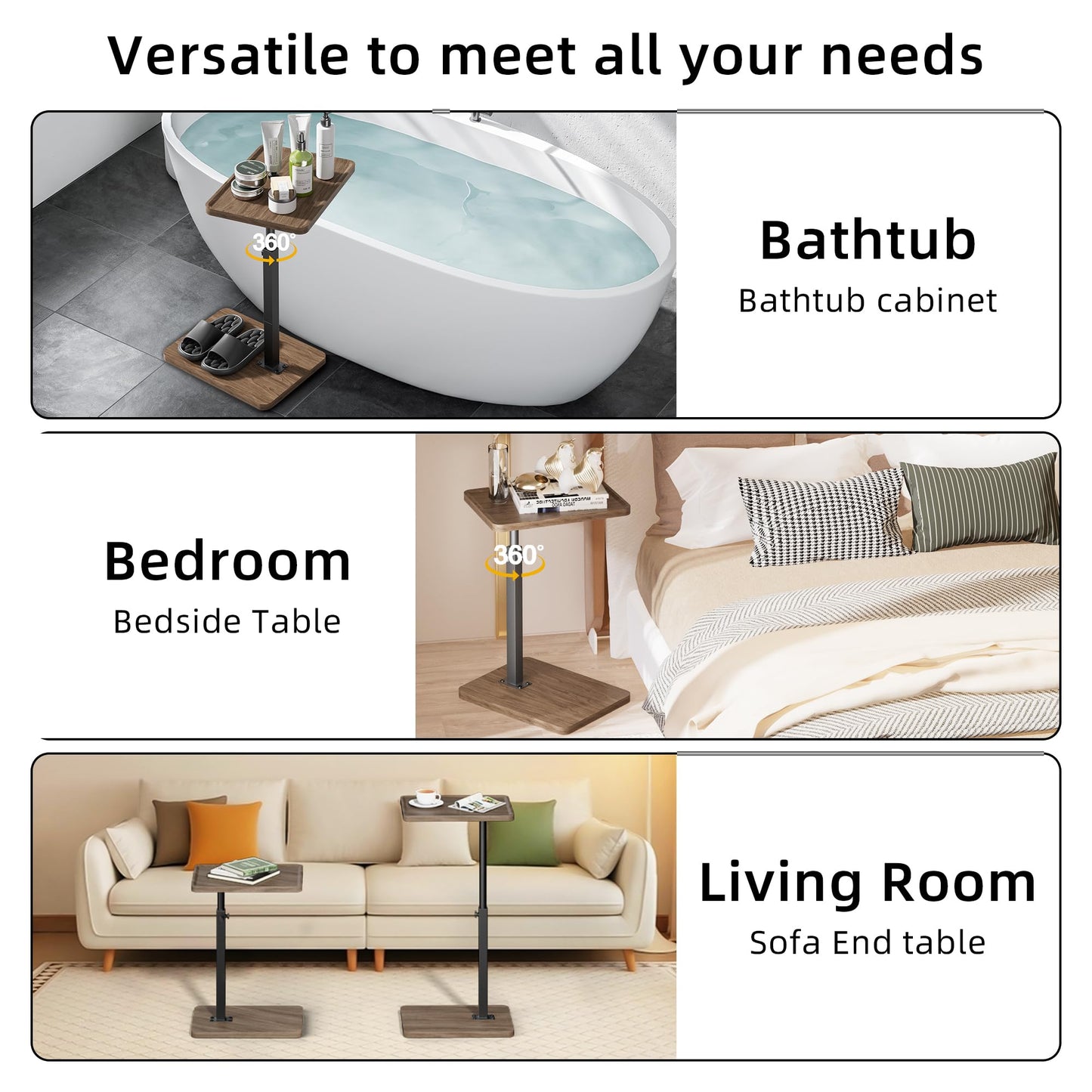 LAKEMID TV Sofa TrayTable Set of 2, 360° Swivel Side Table,Height Adjustable TV Tray, C Shaped Snack End Table for Couch, Bed, Small Living Room Table,Rustic Brown