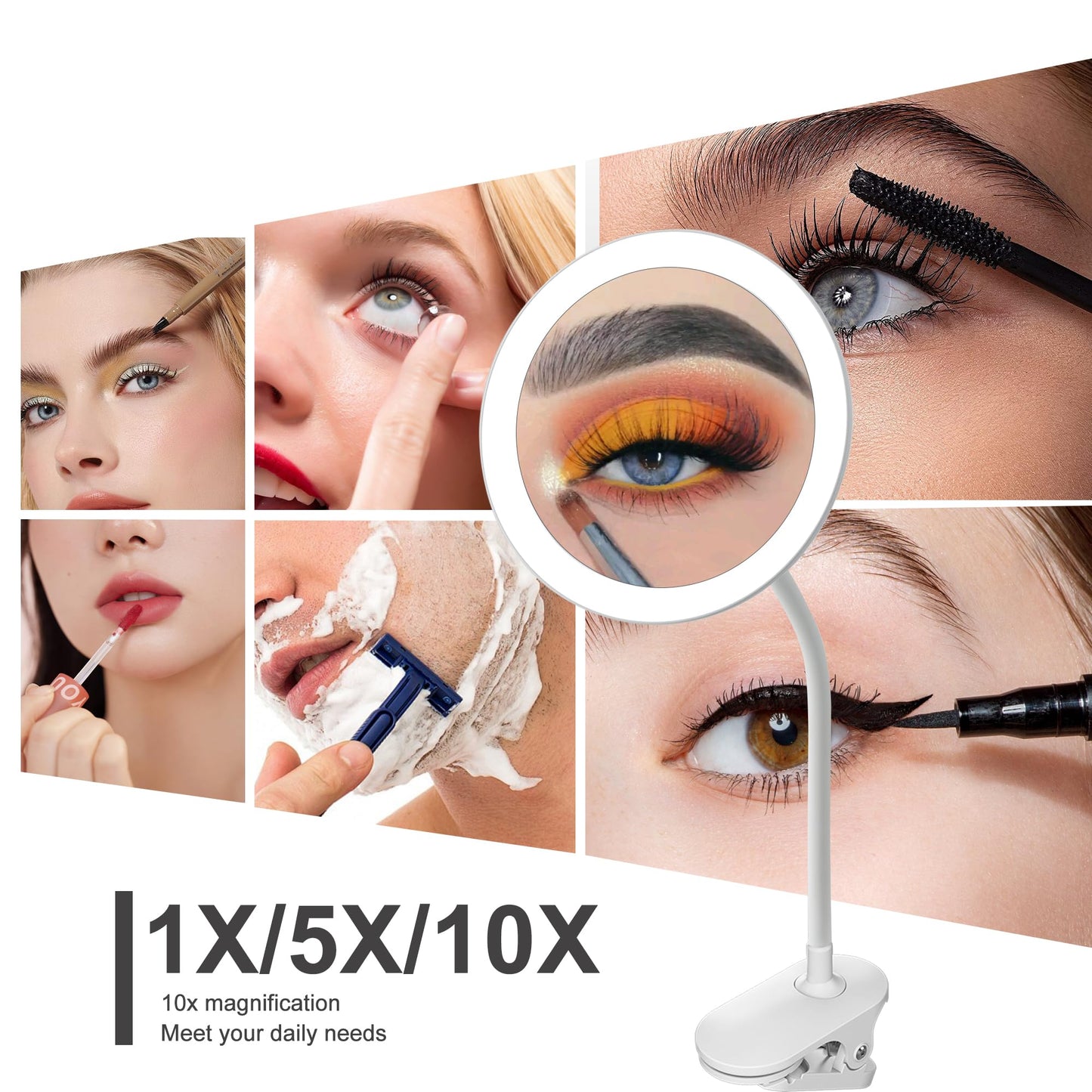 6.5" Clip on Vanity Makeup Mirror with Light, gooseneck Travel 10x Magnifying Mirror,USB Recharge (White 10X)
