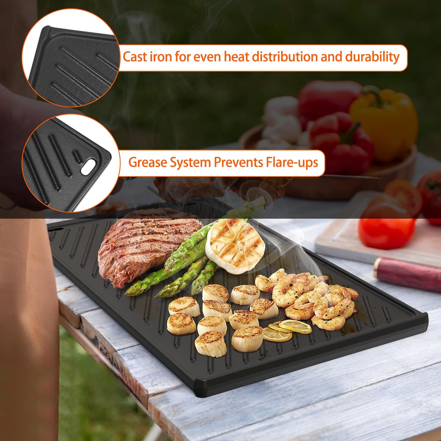 Onlyfire Reversible Cast Iron Cooking Griddle BBQ Griddle for Weber Genesis II/Genesis II LX 400 Series Gas Grills, Replacement Parts for Weber 66097 66089