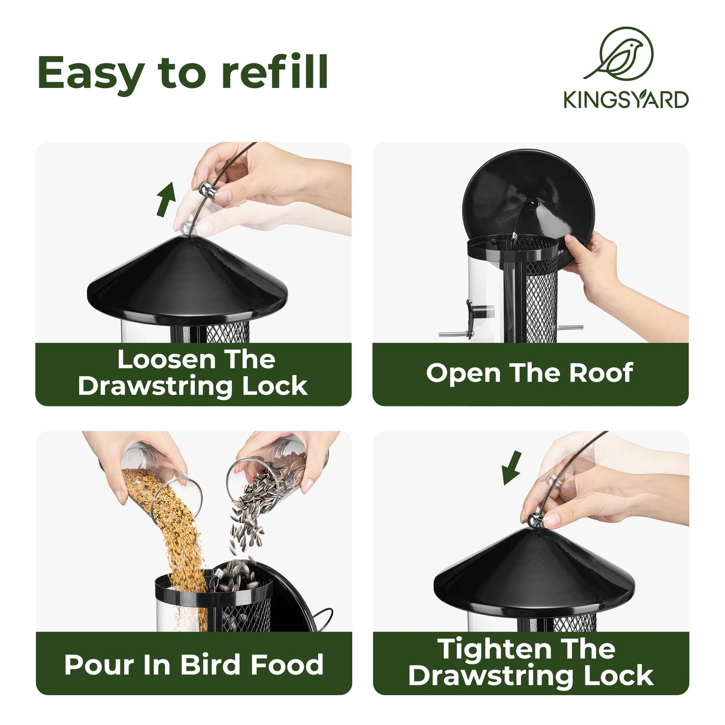Kingsyard Metal Bird Feeder for Outdoor Hanging - Chew Proof Wild Bird Finch Cardinal Feeder with Dual Chamber of 4 lbs Capacity for Bluebird, Black