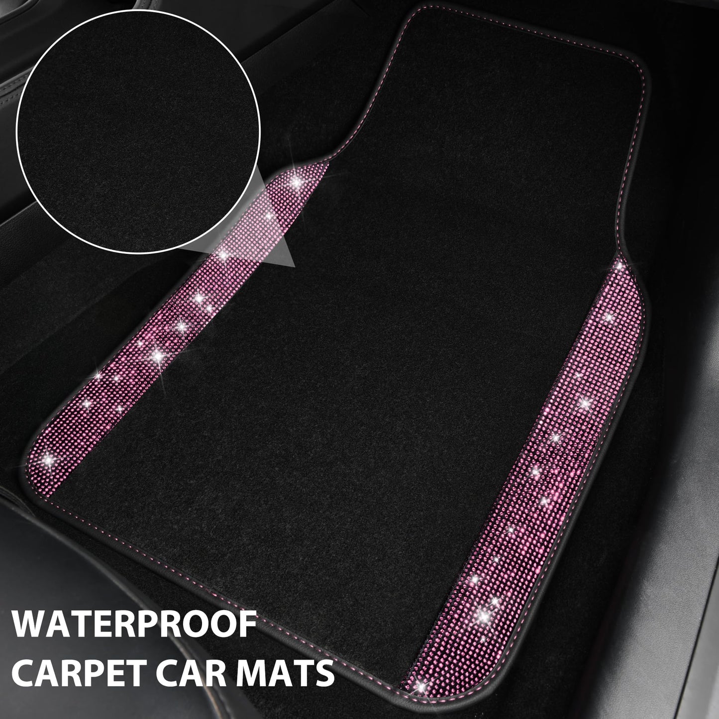 CAR PASS Shining Rhinestones Carpet, Bling Crystal Diamond Sparkly Glitter Car Floor Mat, Anti-Slip PVC Heel Pad Automotive Universal Fit for SUV Sedan Car Van, 4pcs for Girl Cute Women (Black Pink)